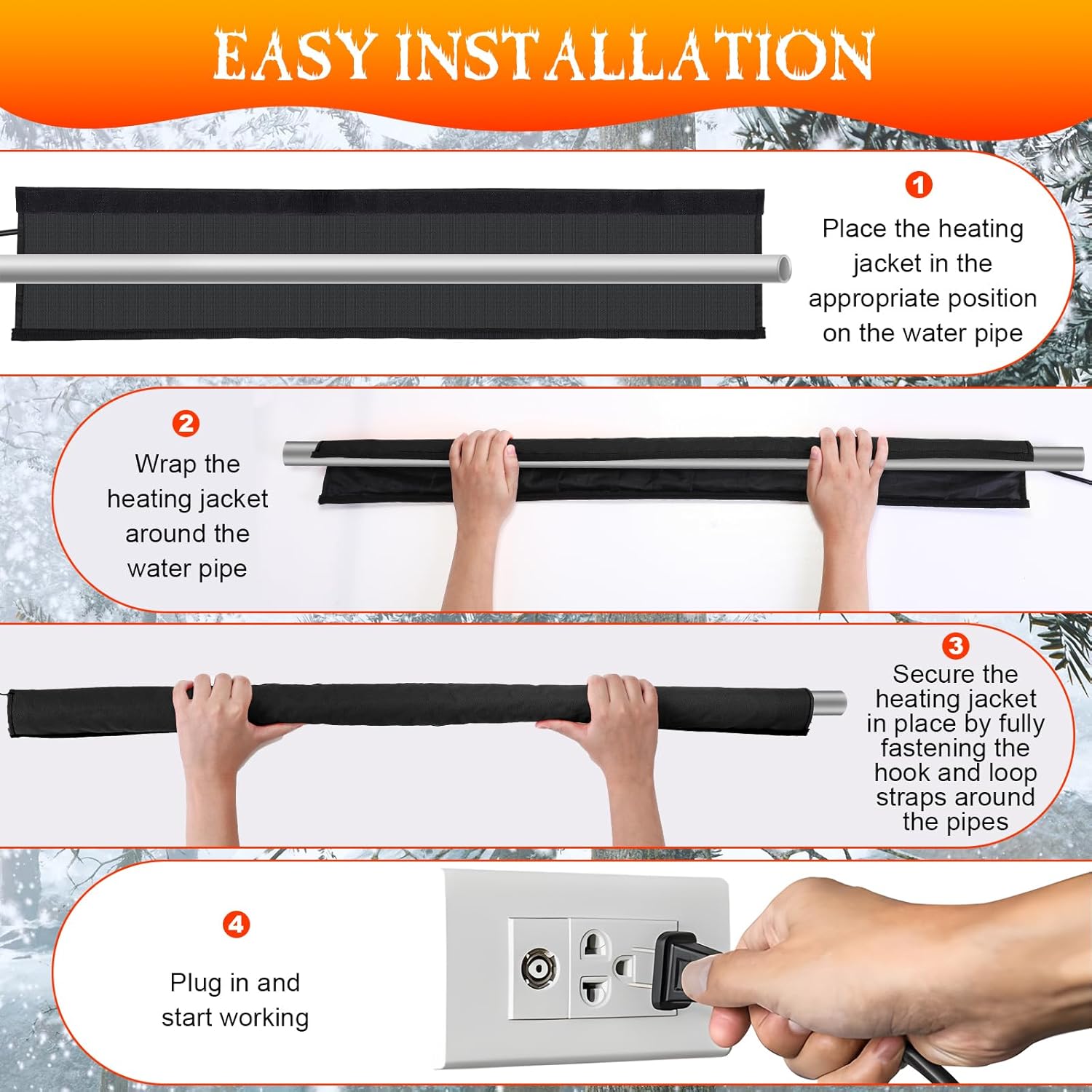 38.5" x 7" Water Pipe Heat Blanket with Thermostat, Self Regulating Faucet Heating Blanket, Winter Heating Tape for Metal and Plastic Pipes, 120V, Thermostat Max Temp 140˚F(2 Pack,Black)