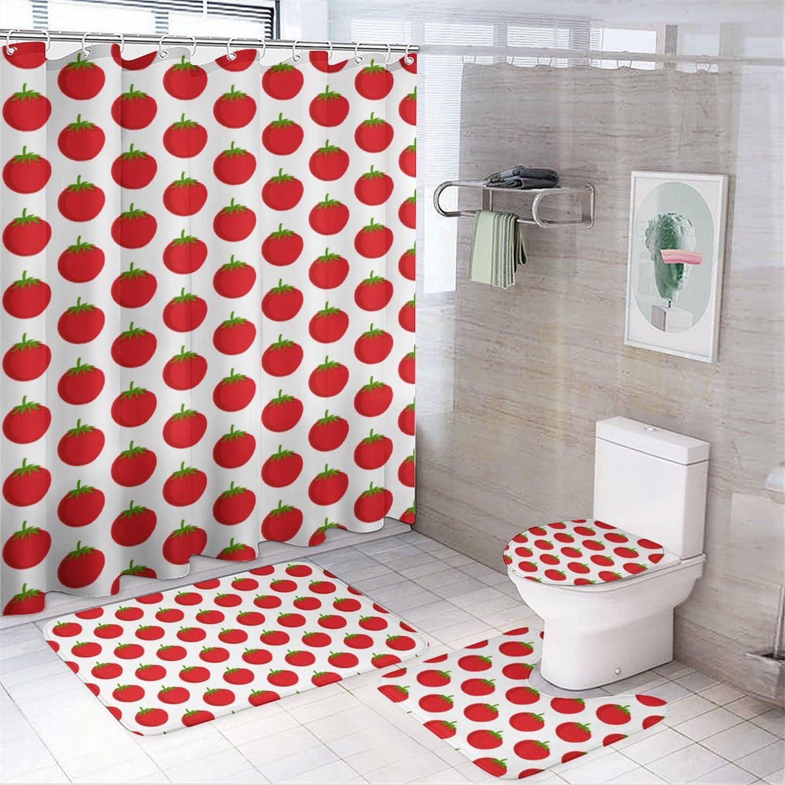 JZemdybill Bathroom Mat Set 4 Piece, Tomato Cartoon Shower Curtain with Non-Slip Bath Mats for Bathroom