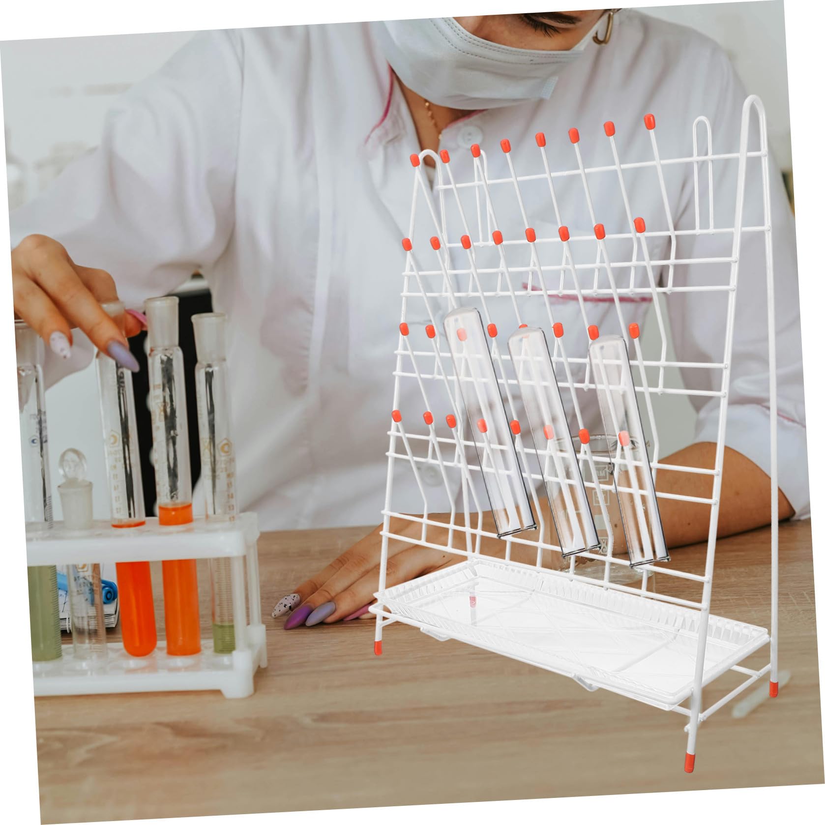 Rastrelliera di Essiccazione Design a 32 Supporti per Laboratorio in Ferro Bianco 32 Posti Alta Stabilità e Durata per Asciugatura di Provette e Contenitori da Laboratorio