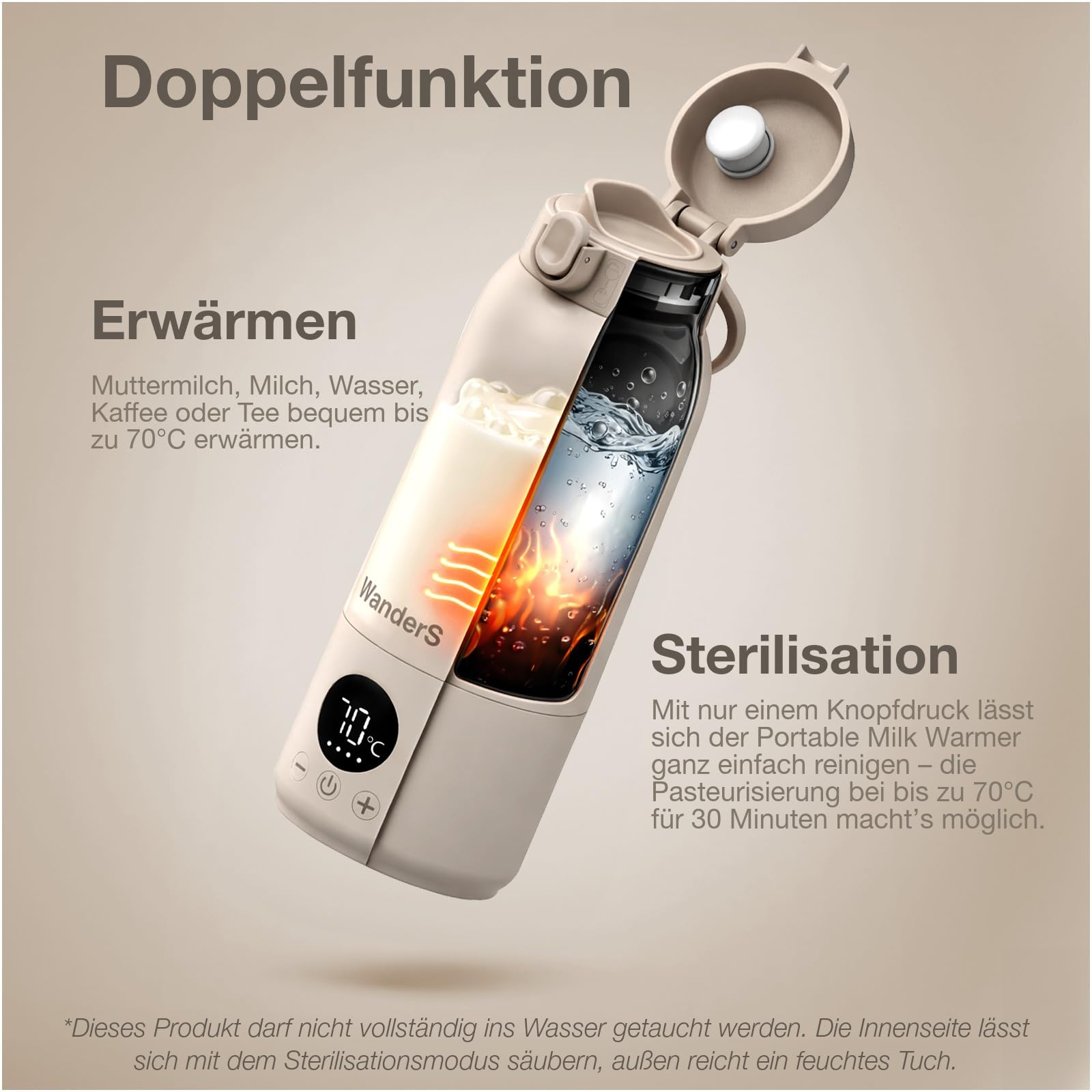 Tragbarer Flaschenwärmer Baby von WanderS – 500ML Milchwärmer mit Präziser Temperaturkontrolle, Integrierter Sterilisator, 316L Edelstahl, USB-C Schnellladung, IPX6 Wasserdicht & Sicherheitsverschluss