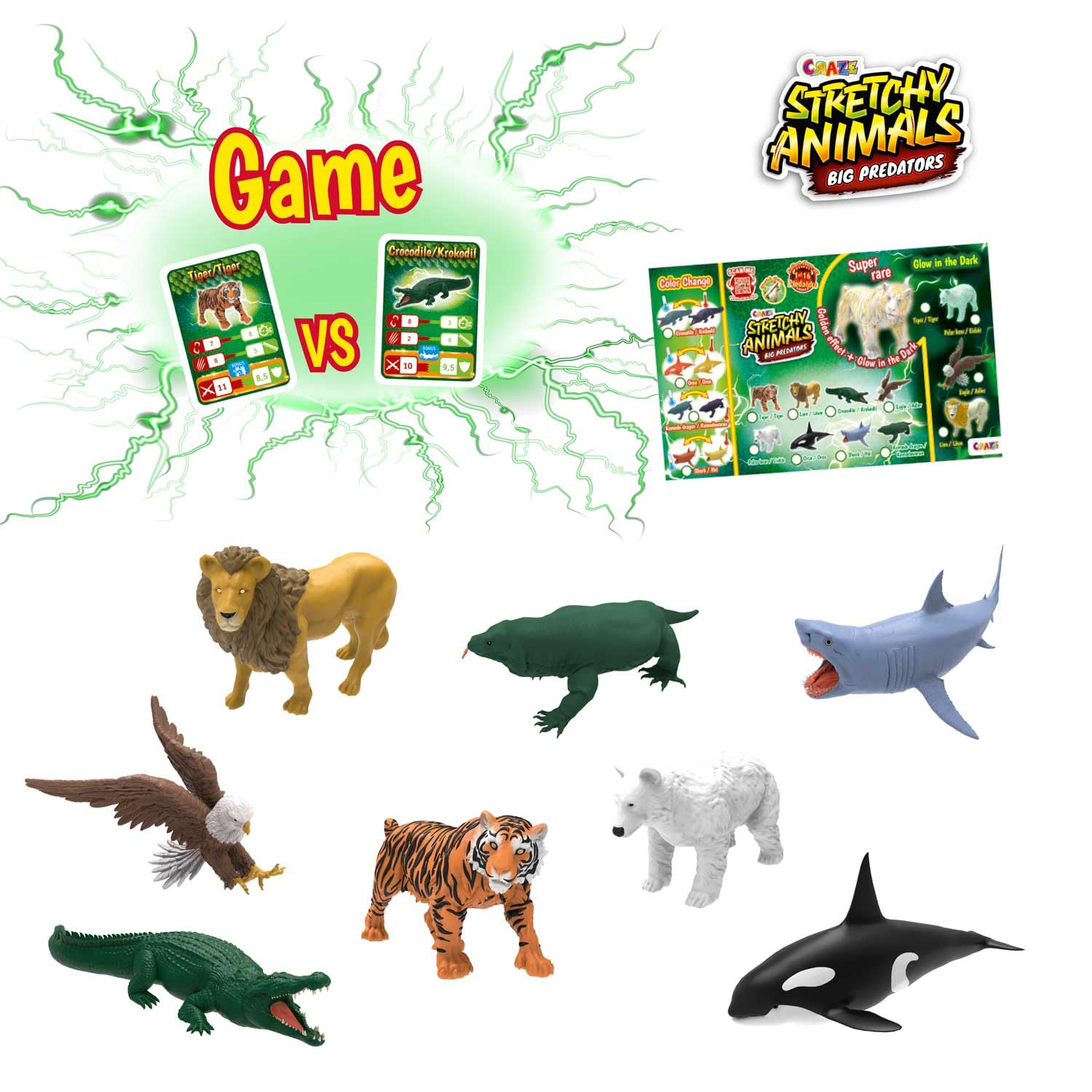 CRAZE Stretchy Animals Big Predators kompletny zestaw – 12 bardzo rozciągliwych figurek zwierząt, drapieżniki do kolekcjonowania, z elastyczną skórą i specjalnym wypełnieniem