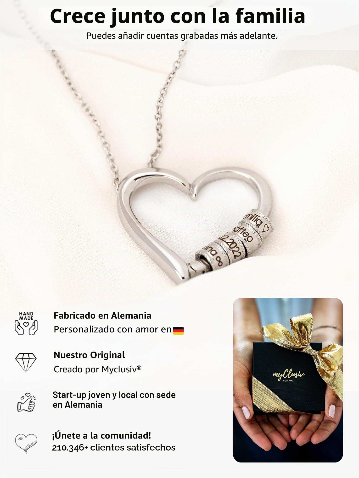 Collar corazón personalizado con cuentas grabadas - Regalo para mujer - Regalo joya personalizada para mamá - Collar de acero inoxidable para mujer