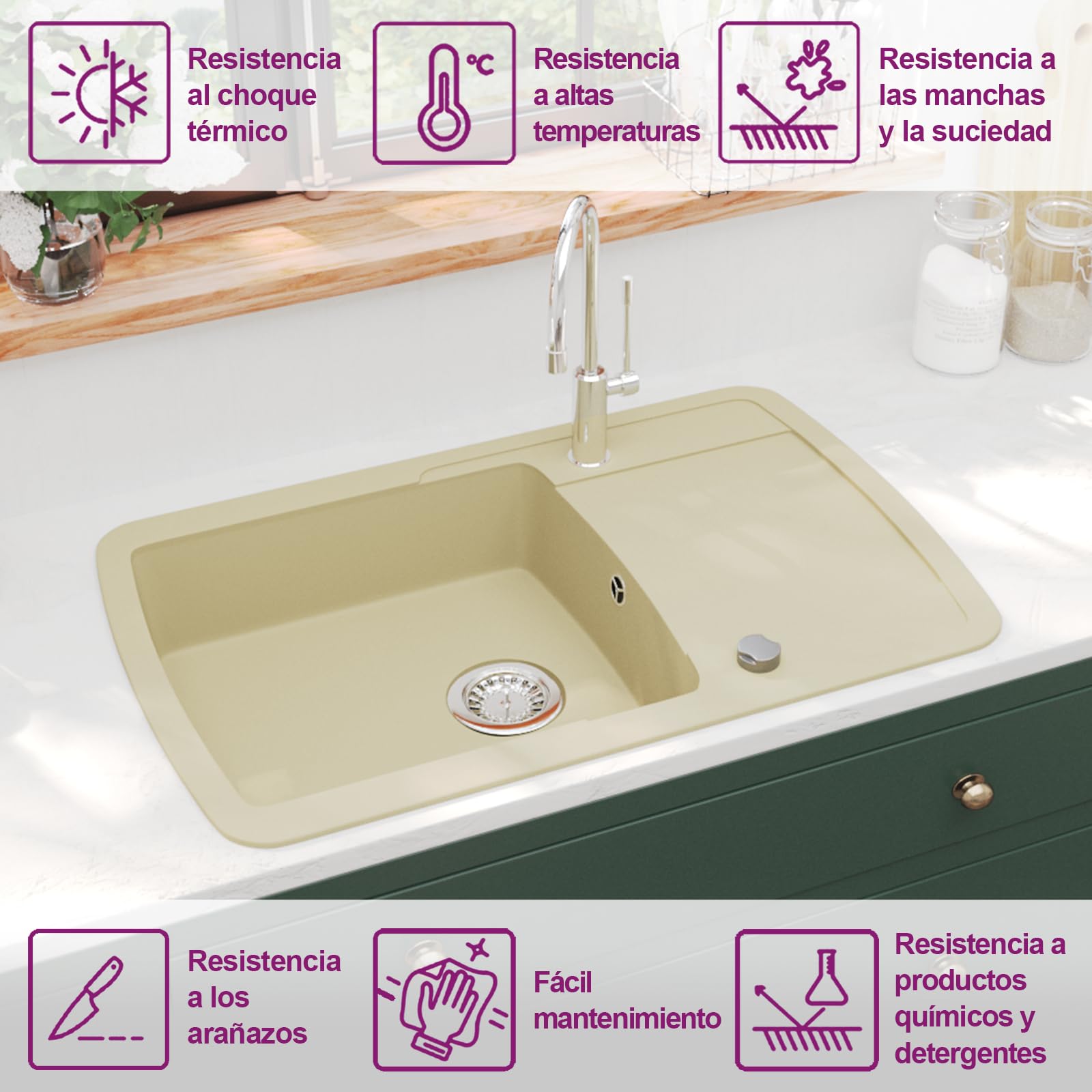 vidaXL Fregadero de cocina de granito con un seno blanco