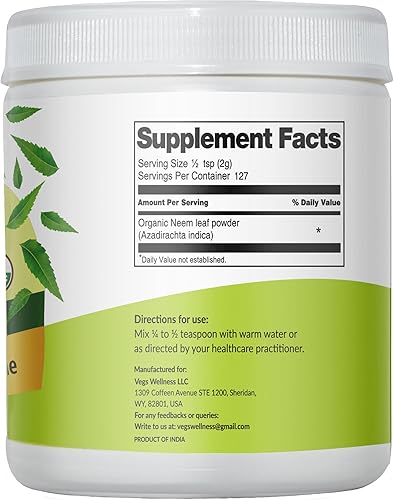 Miniatura 2 de Polvo orgánico de hoja de neem - Polvo de hojas de neem verde liofilizado - Apoya el crecimiento del cabello, la salud de la piel y el intestino,