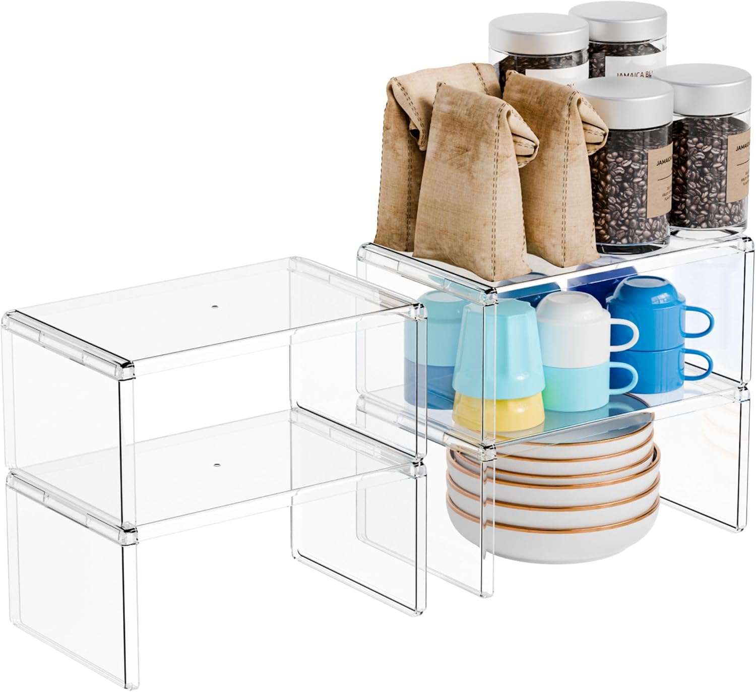 Yieach 4 Pack Acrylic Cabinet Organizer,2 Tier Stackable Shelves for Cabinets,RV Pantry Organization,Counter Space Saver Desk Organizers,Cupboard Shelf and Cabinet Stand & Risers for Mug,Cup,Dish
