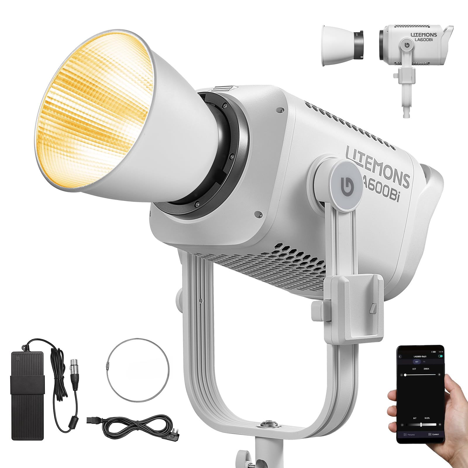 Godox Litemons LA600Bi Luce Video Luce Continua Video con Riflettore BR30,Video Light 600W 212500Lux@1M,2800K-6500K Luce Continua Piatta con Attacco Bowens e 11 Effetti FX