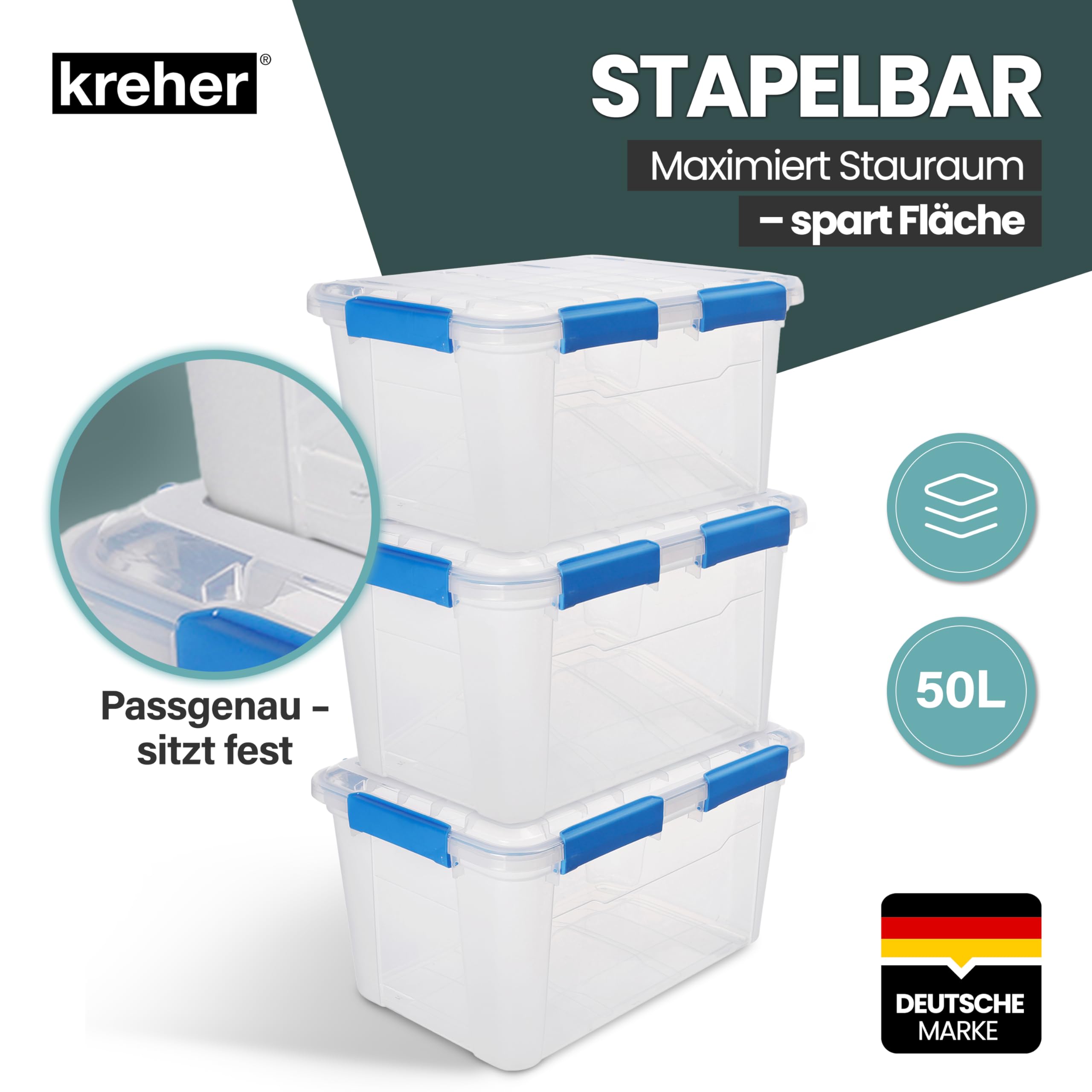Kreher® Aufbewahrungsbox mit Deckel (50 Liter) – Wasserdichte Box stapelbar, Luftdichte Box BPA- & schadstofffrei, robuste Lagerboxen mit Silikondichtung, Kunstoffbox mit 6 Clips (2)