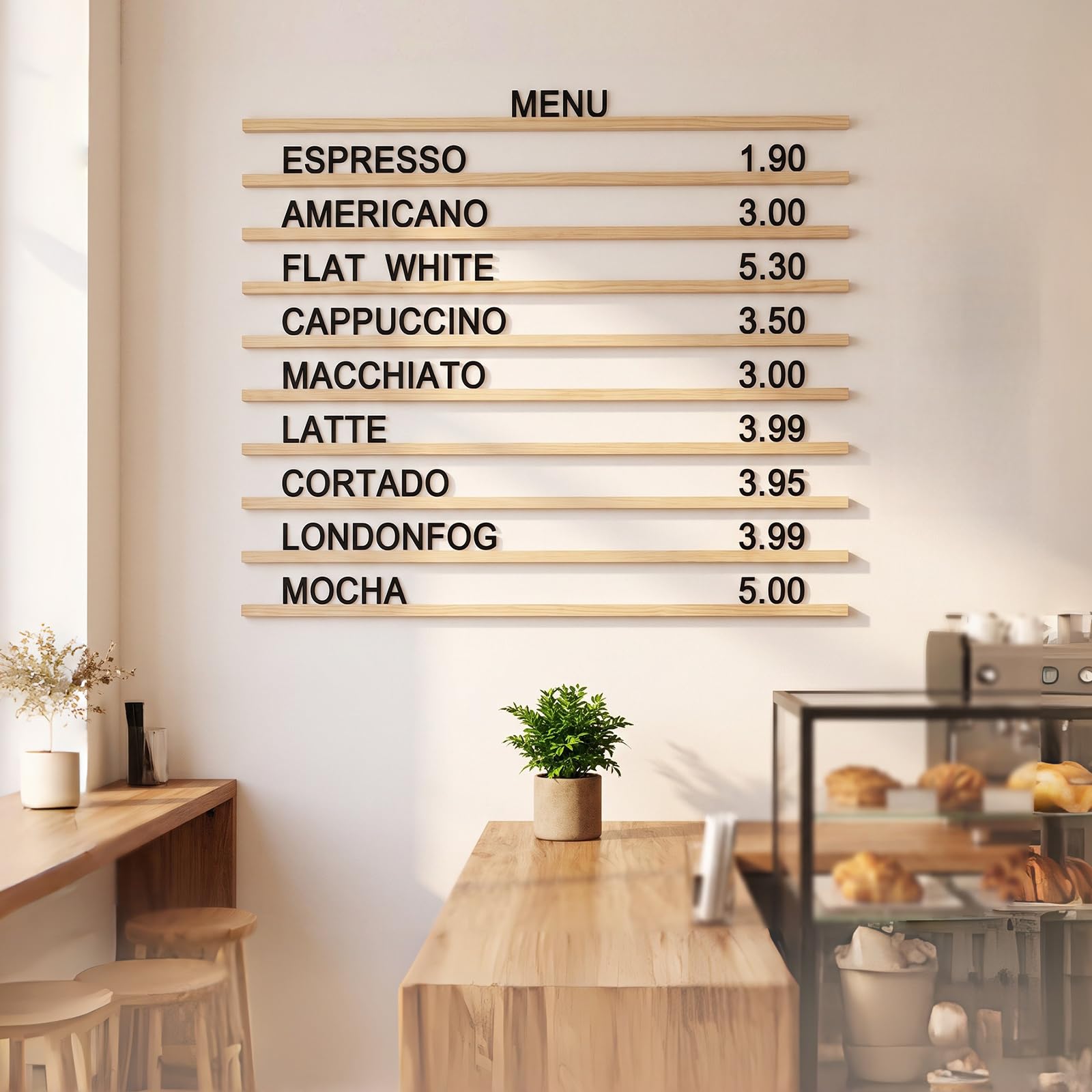UJSCE Wood Tone Wall Menu Board - Letter Display Wall Shelf - Letter Shelf Menu - Changeable Letter Board(Set of 10 Rails + 605-Letter Set)