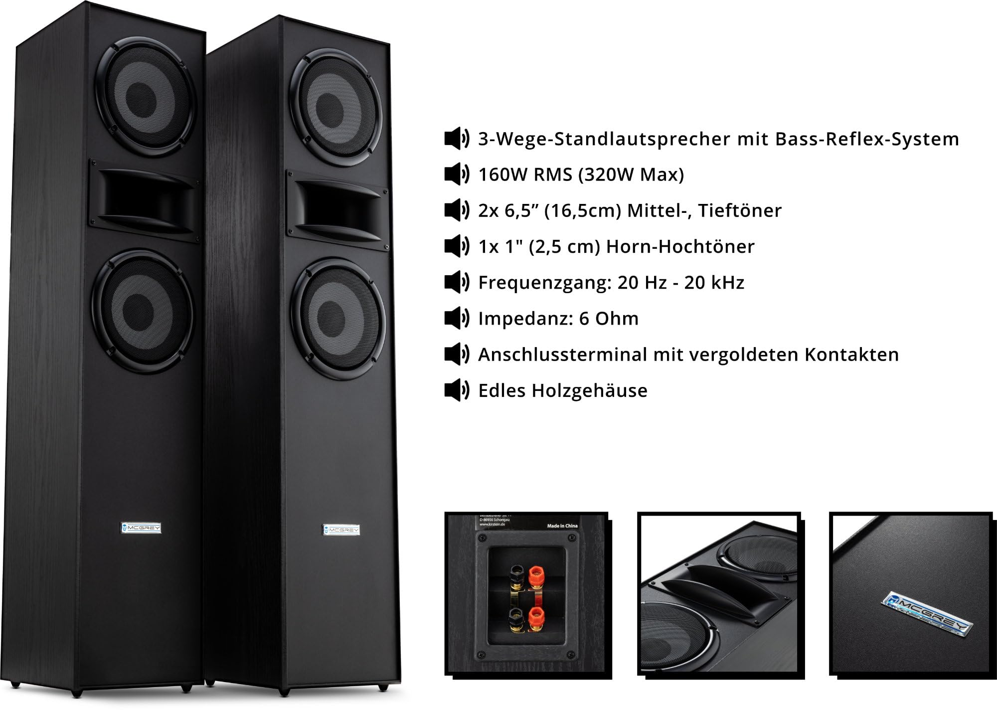 McGrey HTS-65320 BK HiFi Standlautsprecher Paar schwarz 2X 80W RMS | Paar 3-Wege Standlautsprecher, Leistung pro Lautsprecher: 80 Watt RMS (160W MAX), entspricht 160 Watt RMS (320W MAX) pro Paar
