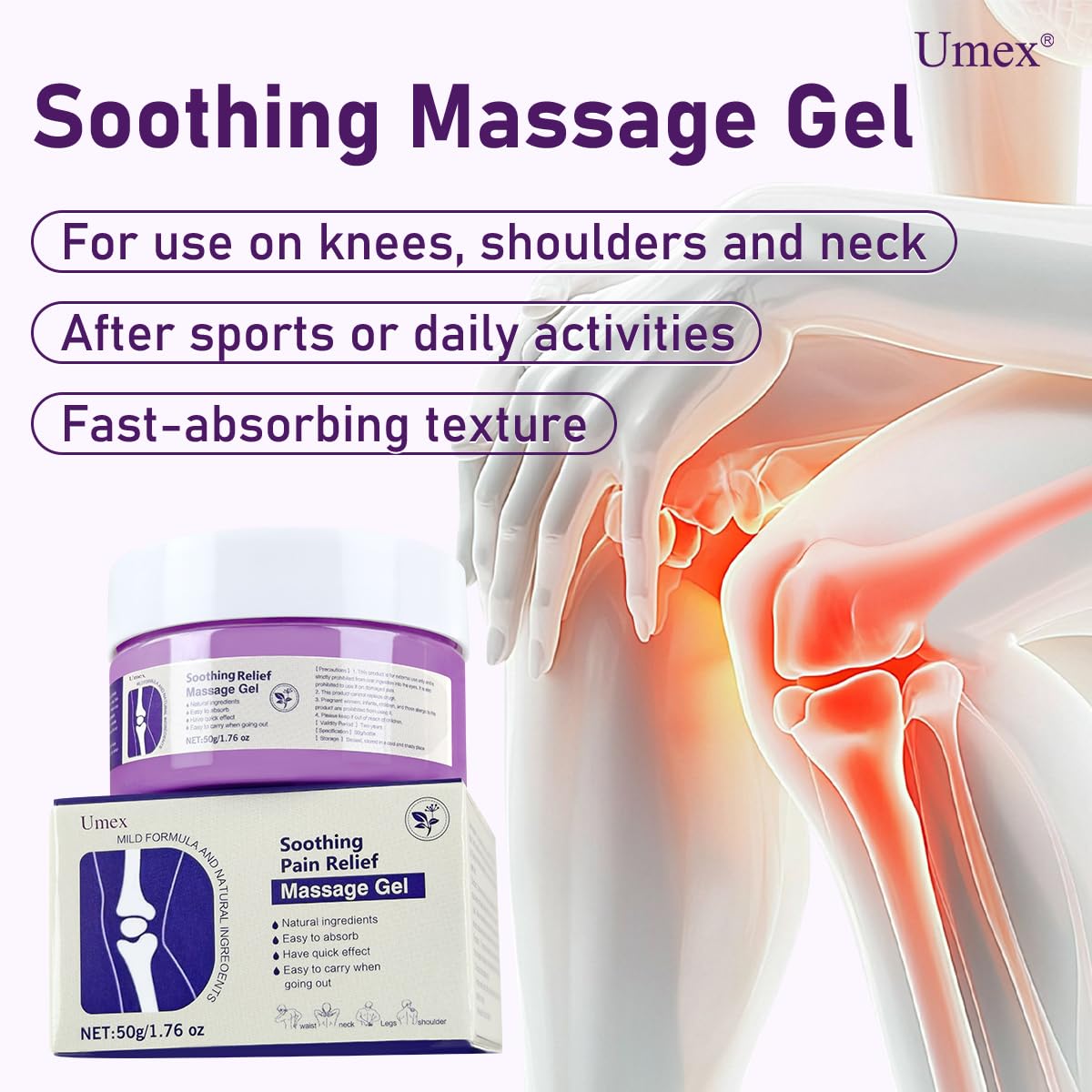 Umex - Gel per massaggio lenitivo per articolazioni, colore: viola lenisce ginocchia, collo, mani, piedi e schiena, confezione da 2