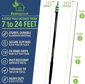 EVERSPROUT Utility Hook with Extension Pole (7 to 24 Feet), 30-Foot Reach | For Hanging String Lights, Bird Feeders and More, Aluminum Pole with Foam Grips, Telescopic, Flip-Tab Lock, 3/4 ACME Thread