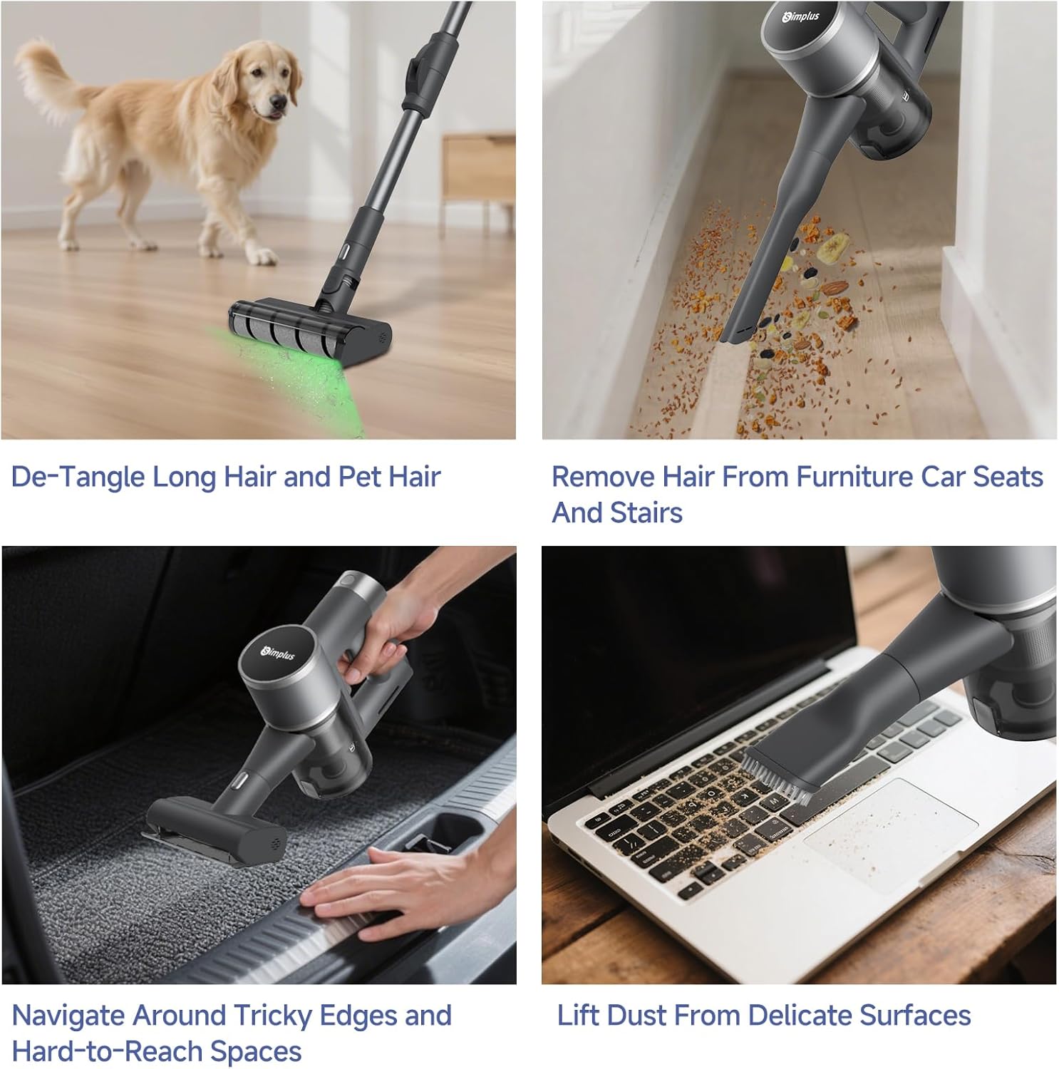 SIMPLUS Cordless Vacuum Cleaner, Bendable Stick Vacuum, Lightweight with 50mins Runtime, Anti-Tangle Brush, LED Display & Headlight, Rechargeable for Tile, Pet Hair & Hard Floors (Grey)