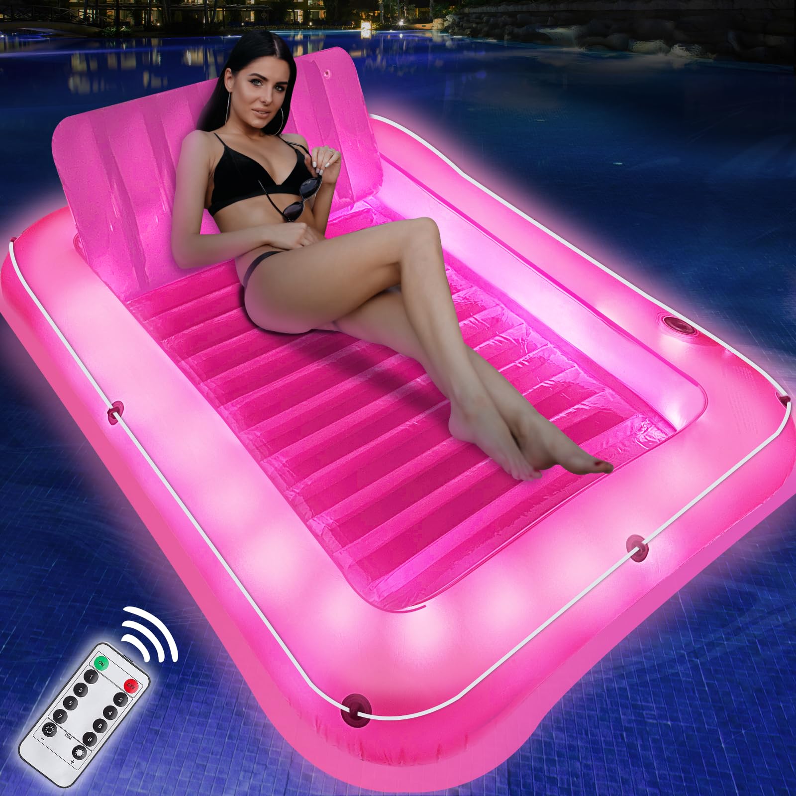 Light Up Inflatable Tanning Pool Lounger Float for Adults, Remote Flashing 8 Mode Battery Operated Large Inflatable Pool Raft Floatie with Backrest Kid Adult Water Filled Bed Pool Party Toy 70" x 47"