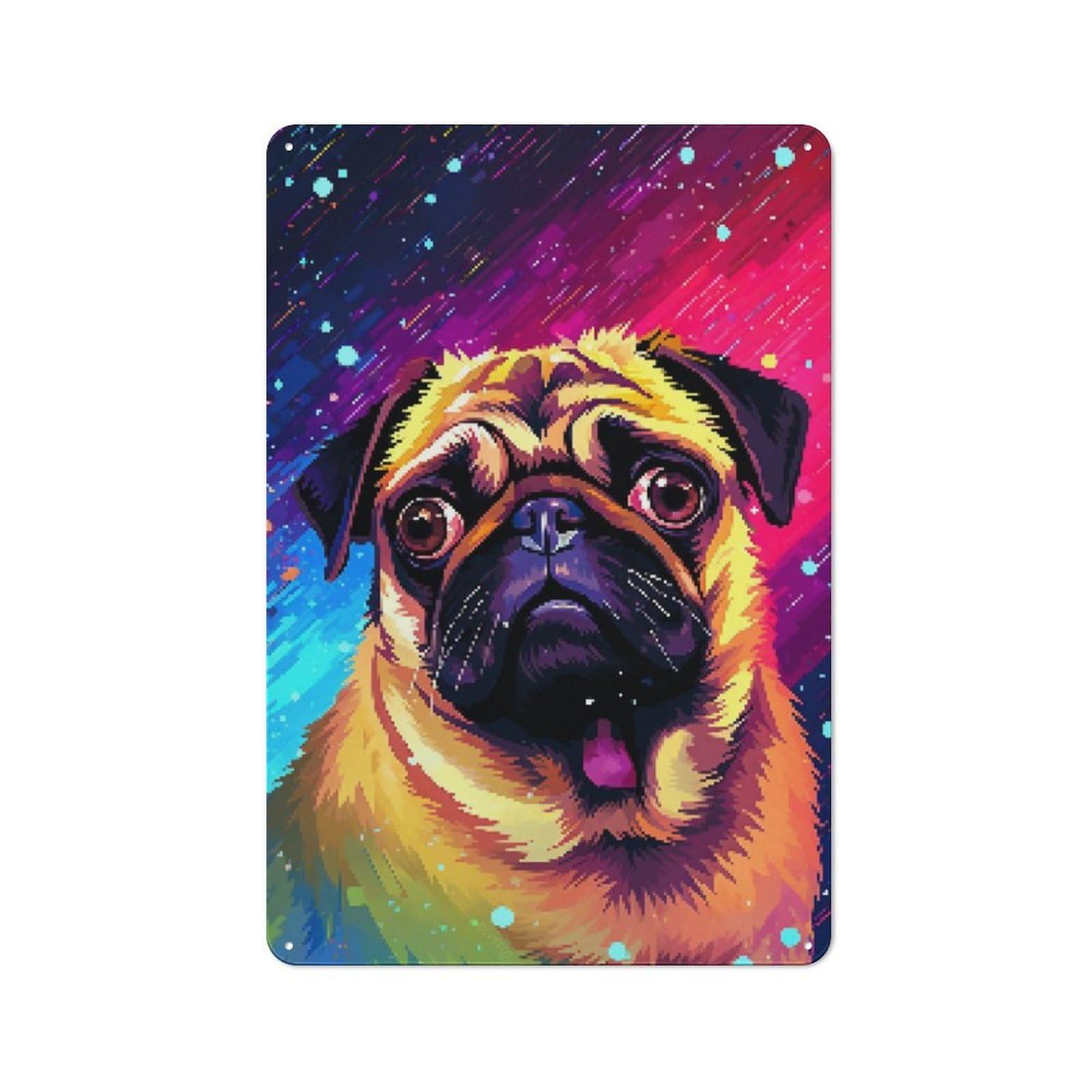 Junmoney Cute Pug Pixel Art Vintage Metal Sign 30X20cm For Dining Room Or Kitchen, Suited To Home Decor Collectors