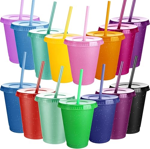 Vasos para niños con pajitas y tapas, botella de agua con pajilla, taza de viaje para café helado, tazas de plástico para fiestas, cumpleaños, 16