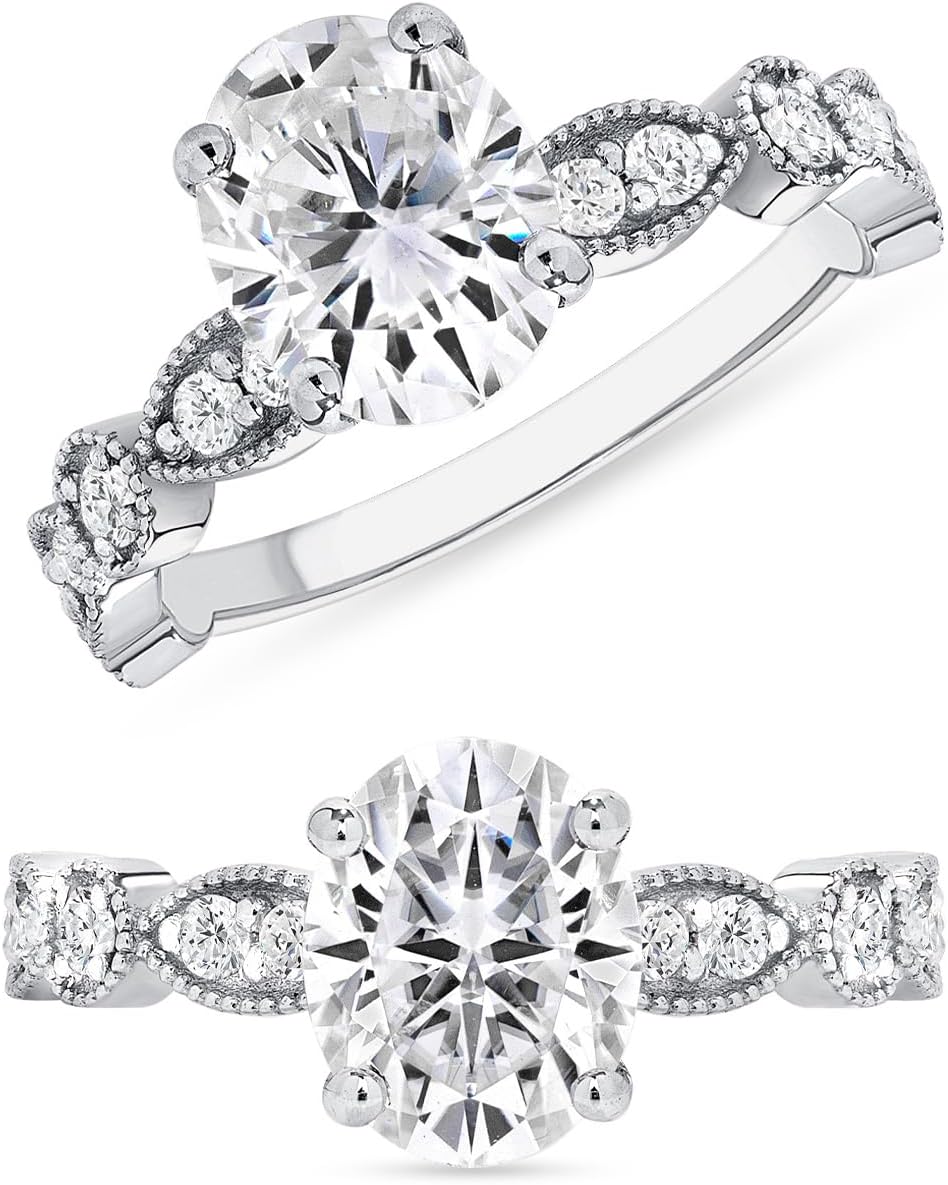 2 to 6 Carat Fancy Shape Moissanite Vintage Carved Milgrain Engagement Ring w 1/4 Carat Diamond in 14k White Gold (G-H, VS/SI, cttw DEW) Wedding Ring Size 4 to 11 Made in USA