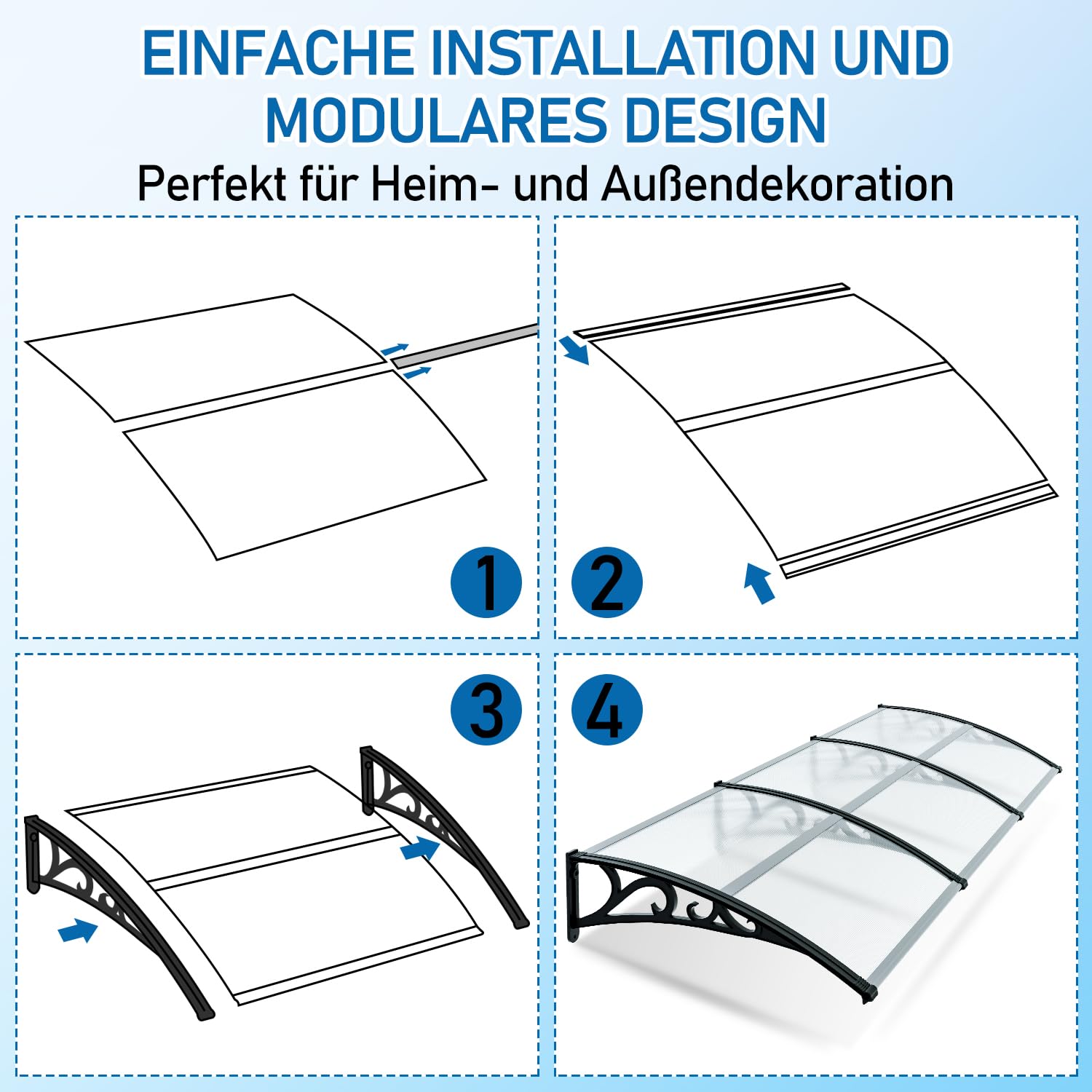 Jopassy Luifel voor huisdeur, overkapping, huisdeur van aluminium en polycarbonaat, toegangsdeur, trapeziumplaat, luifel, regenbescherming, balkon, carport, fietsschuur, 300 x 100 cm