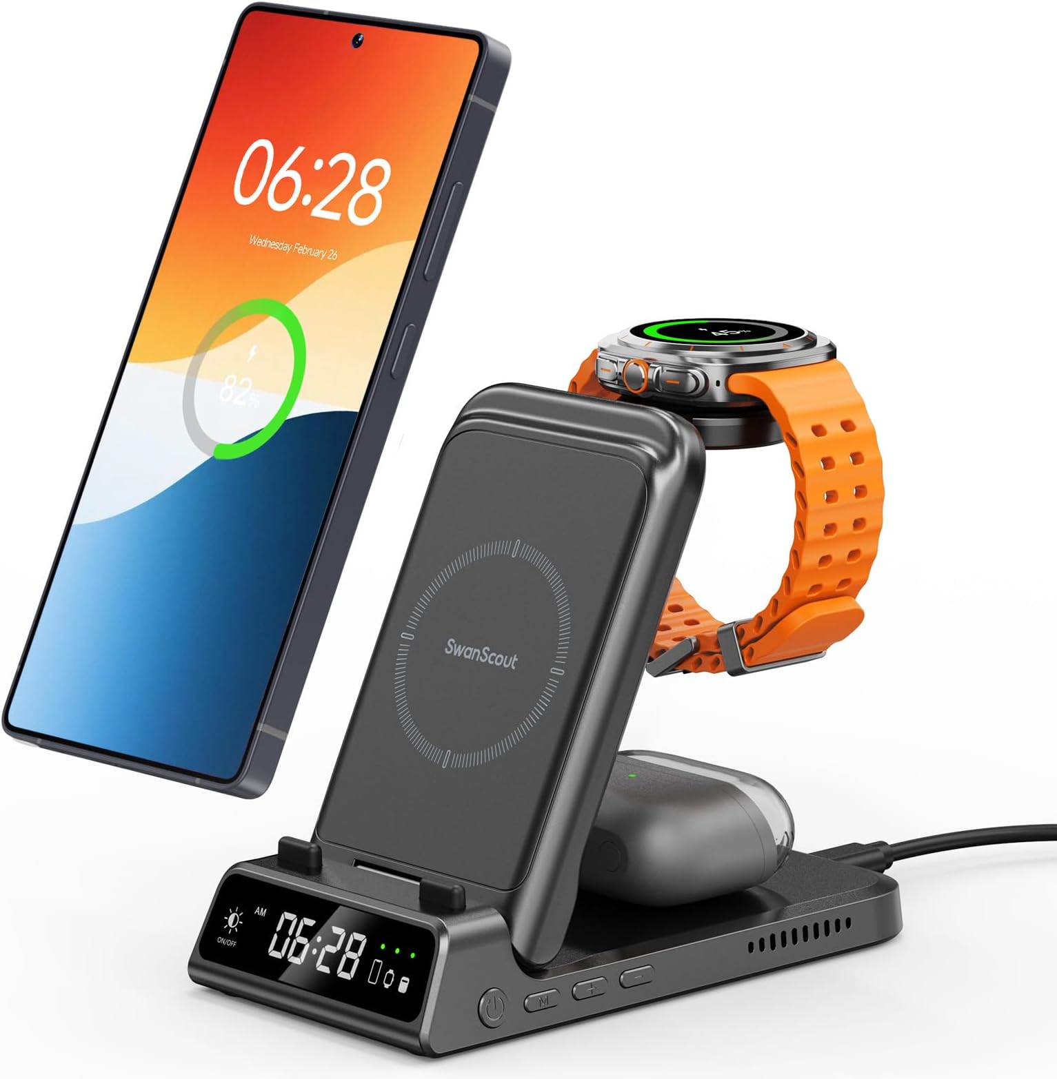 703S Charging Station for Samsung S26 Ultra, 3-in-1 Wireless Charger for Galaxy S26+/S25/S24 Ultra/S24/Z Flip/Fold, for Galaxy Watch Ultra/8/7/6, for Galaxy Buds3 Pro (No Adapter) (Black)