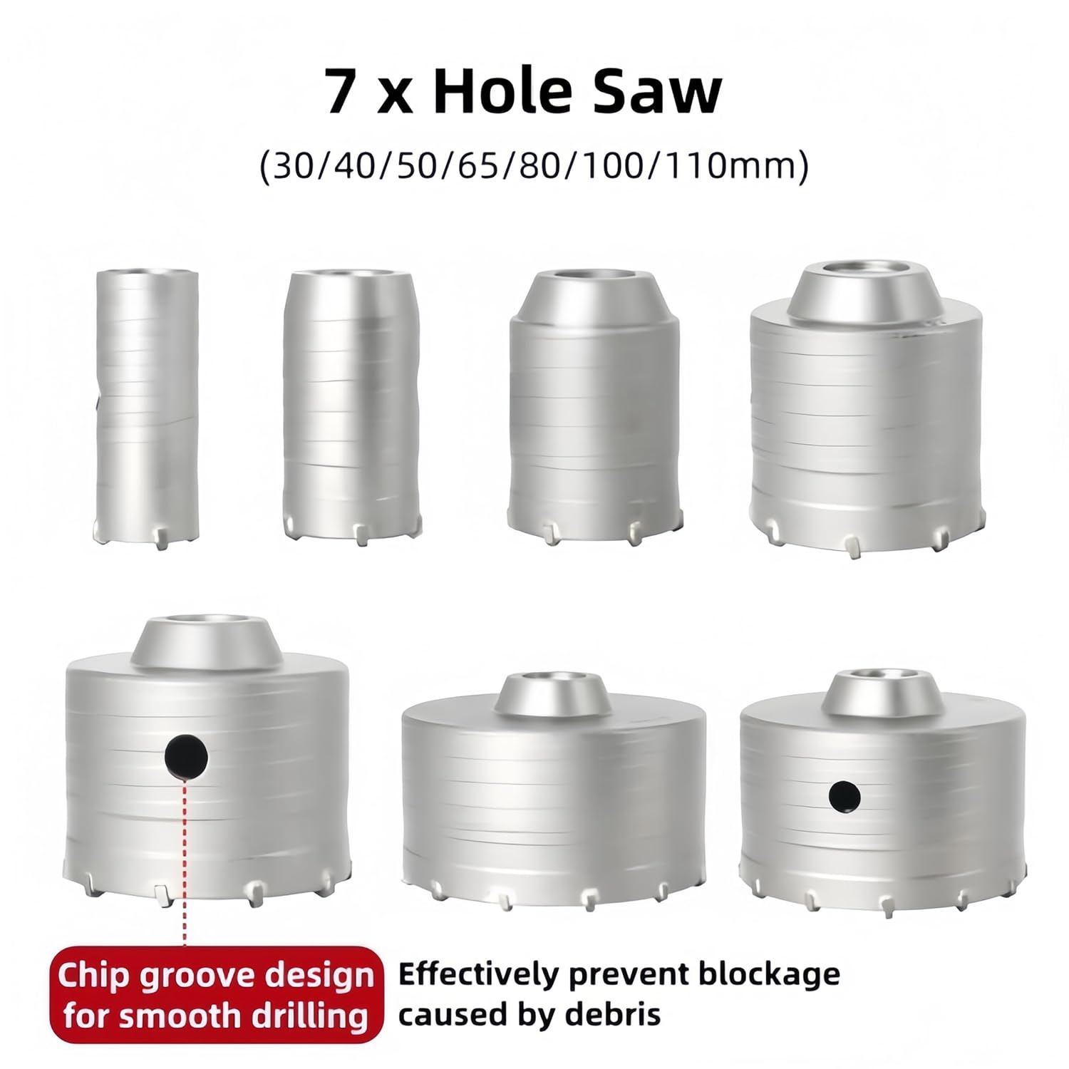 17PCS Concrete Hole Saw Kit, 30/40/50/65/80/100/110mm Carbide Masonry Hole Saw Drill Bit Set with SDS Plus & Max Shank for Concrete Cement Brick Stone Wall Drilling