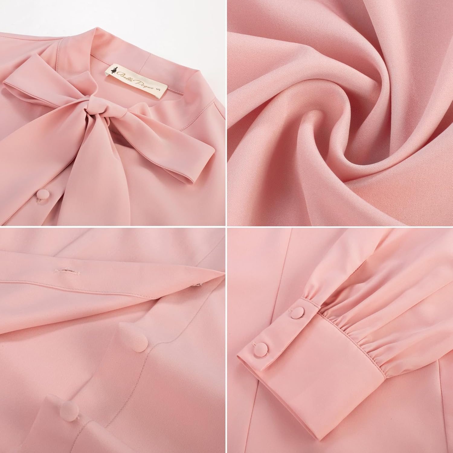 Belle Poque Women's Bow Tie Neck Blouse - Button Down Long Sleeve Collared Shirt for Work Office Casual - Image 6