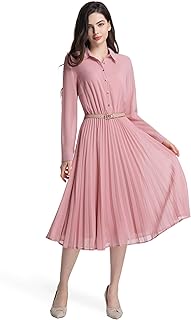 Business Casual Shirt Dress for Women Long Sleeves Pleated Midi Dresses with Belt