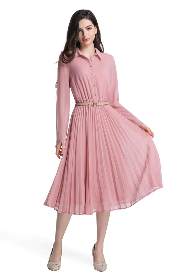 AbleTree Business Casual Shirt Dress for Women Long Sleeves Pleated Midi Dresses with Belt Blush Pink by AbleTree - Used condition - US$53.99