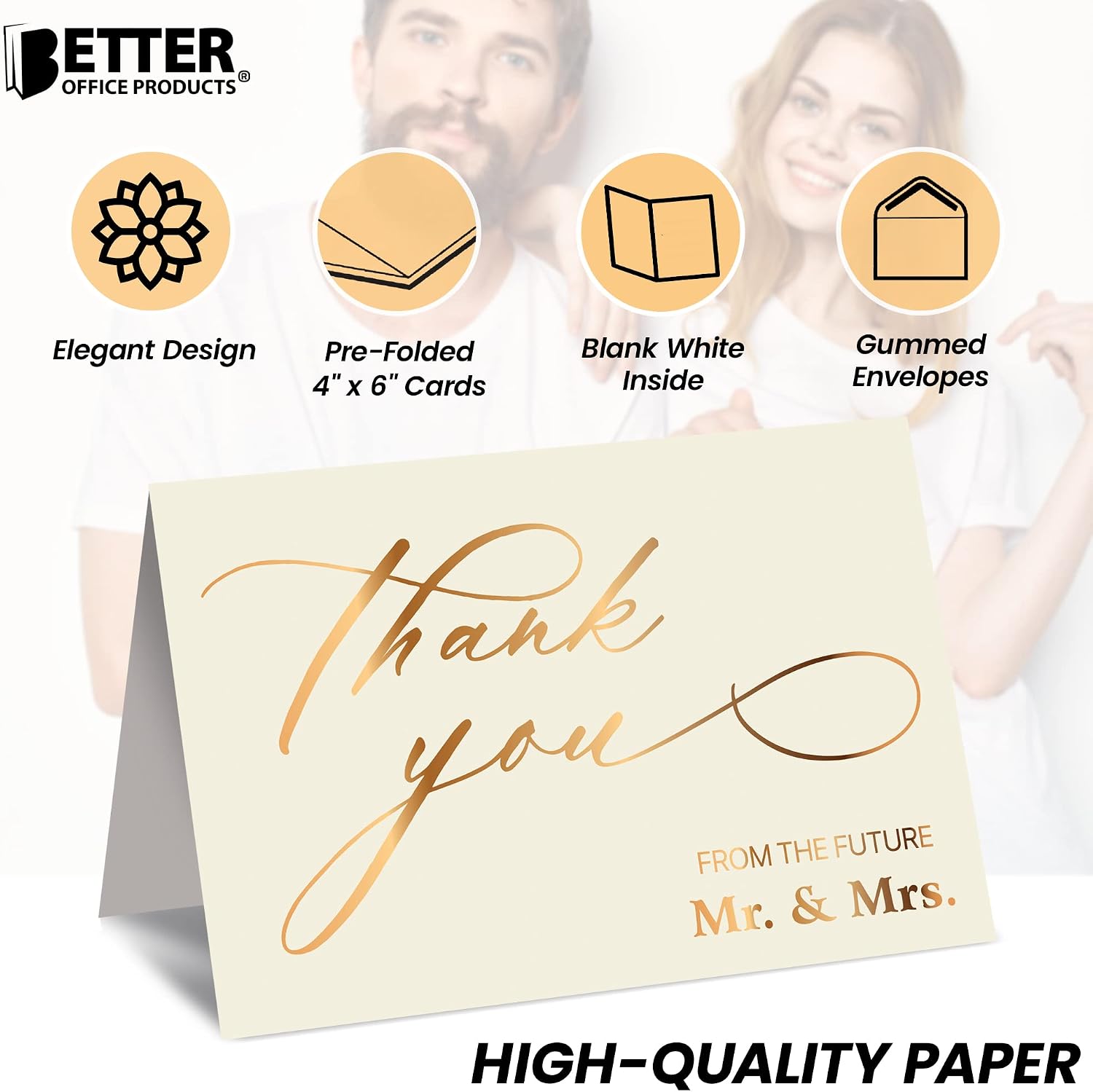 Better Office Products 50 Pack Wedding Engagement Thank You Cards in Metallic Gold with Envelopes, 4 x 6 Inch, Wedding Shower Thank You From The Future Mr and Mrs, Blank Cards, 50 Count Boxed Set