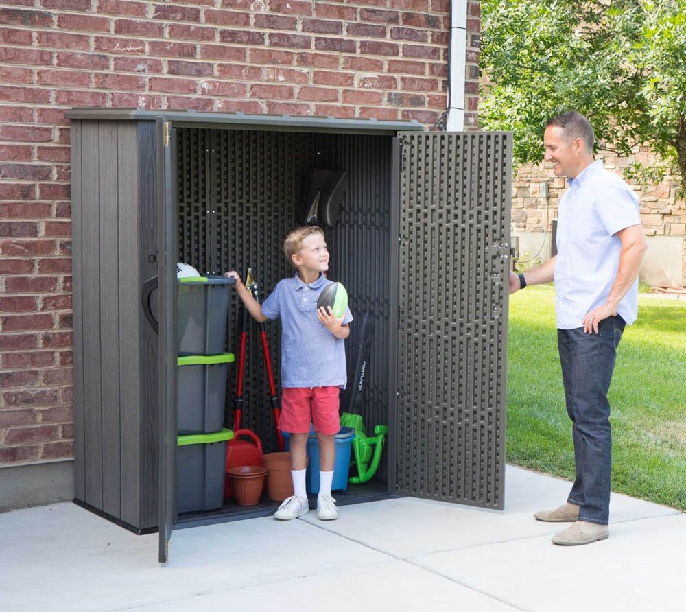 Shed with both doors open, showing internal storage space