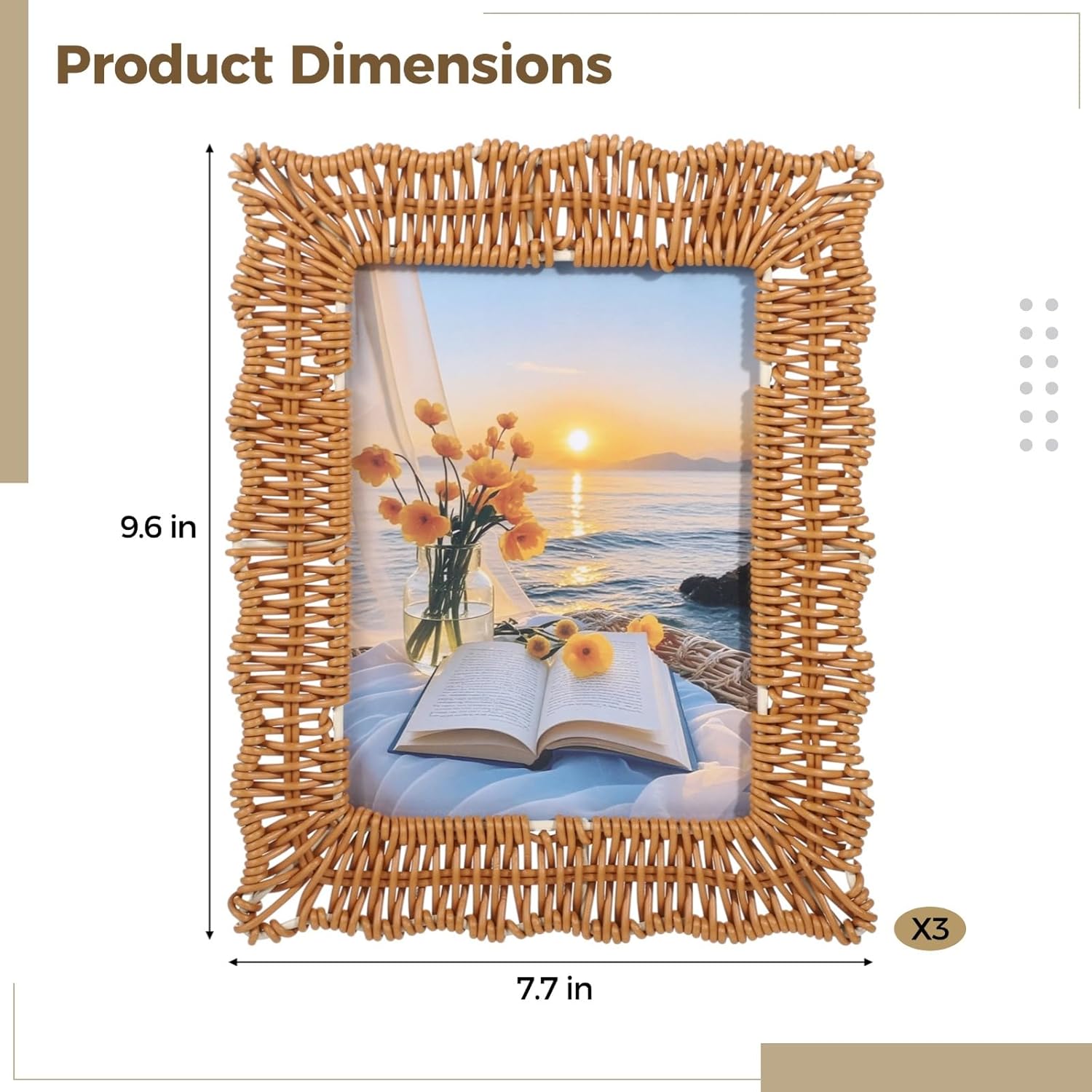 3 PCS Scalloped Picture Frame, 5 x 7 Inch Wicker Weave Rattan Photo Frame, Handmade Woven Rattan Picture Frame, Boho Farmhouse Style Tabletop or Hanging Display for Many Home Decor Style (5X7)