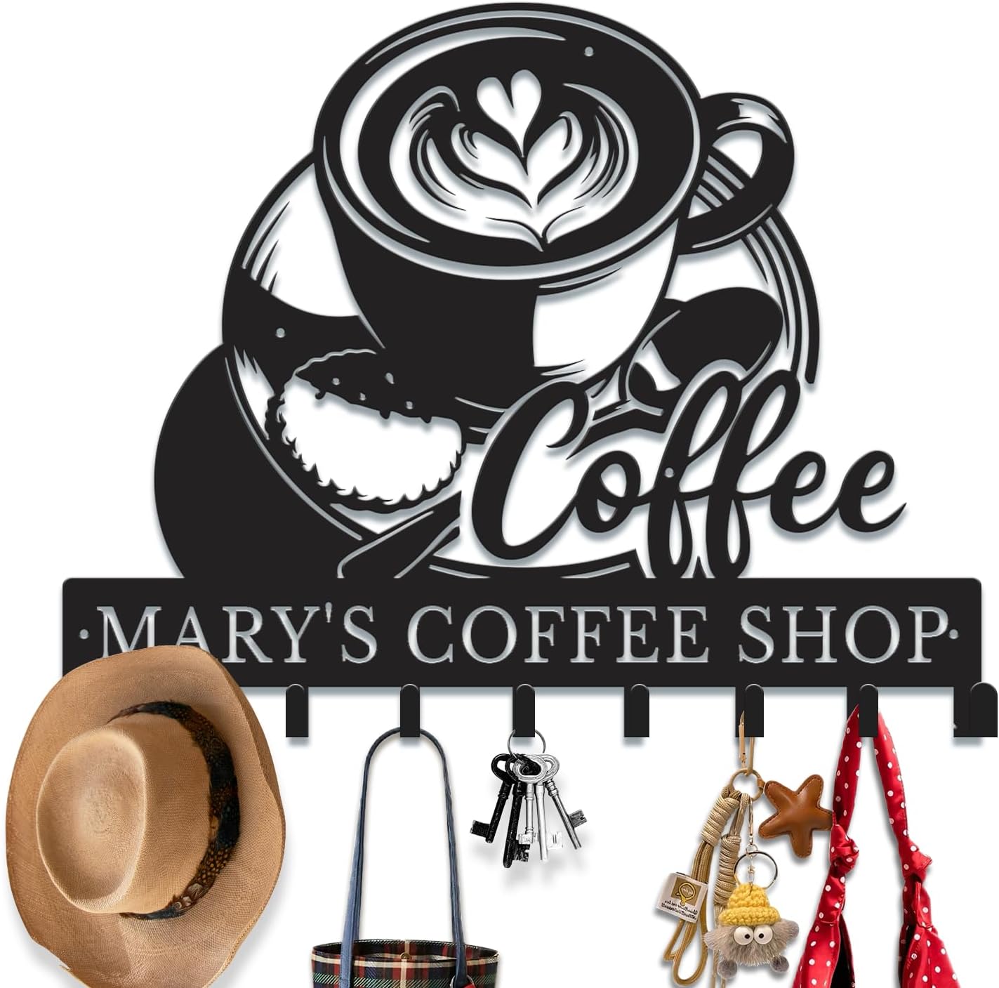 Personalized Coffee Metal Key Holder, Café Key Hook Wall Mounted Coat Rack, Decorative Organizer for Kitchen Entryway, Coffee Bar Decor (Style-2)