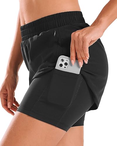 Miniatura 2 de Stelle Pantalones cortos de correr 2 en 1 para mujer, pantalones cortos deportivos de cintura alta, pantalones cortos de entrenamiento con forro y