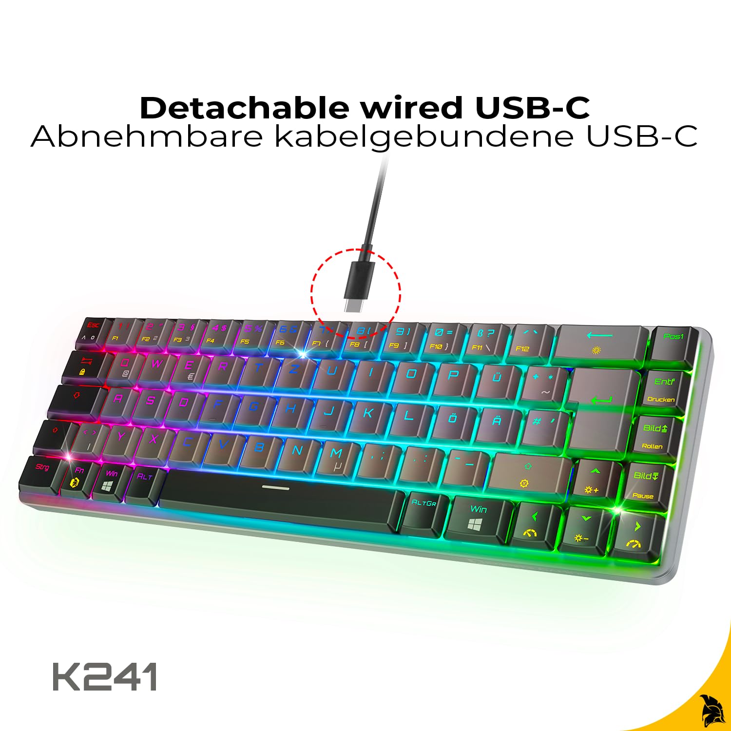 EMPIRE GAMING K241 - Smukła, niskoprofilowa aluminiowa kompaktowa mechaniczna klawiatura gamingowa DE (QWERTZ), przewodowa odłączana USB-C 69 klawiszy MX Red, RGB 24 efekty, NKRO, kompatybilna z PC/P5