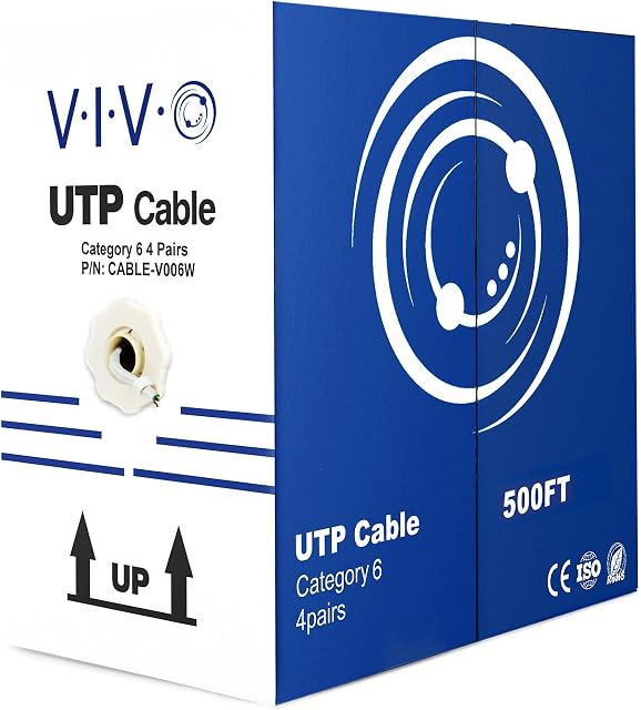 Fil Cat6 en vrac VIVO Blanc 500ft, CABLE-V006W | Câble Ethernet CCA, 23 AWG, Boîte de Tirage UTP, Réseau LAN