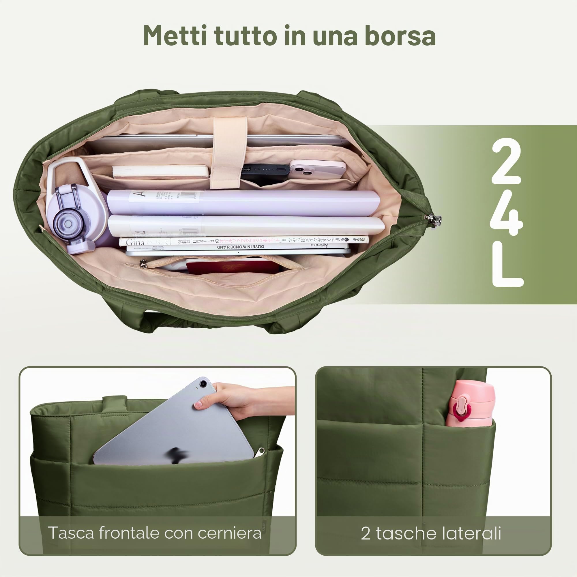 KALIDI Borsa tote trapuntata, borsa a tracolla imbottita da viaggio grande anti spruzzi cerniera casual lavoro palestra donna