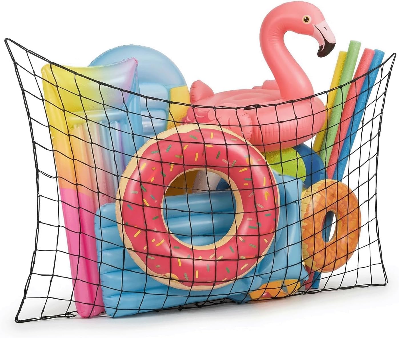 Pool Float Net Storage Extra Large Hanging Pool Toy Holder with Hook and Ties for Inflatable Rafts and Water Toys, Easy-to-Install Poolside Fence Organizer