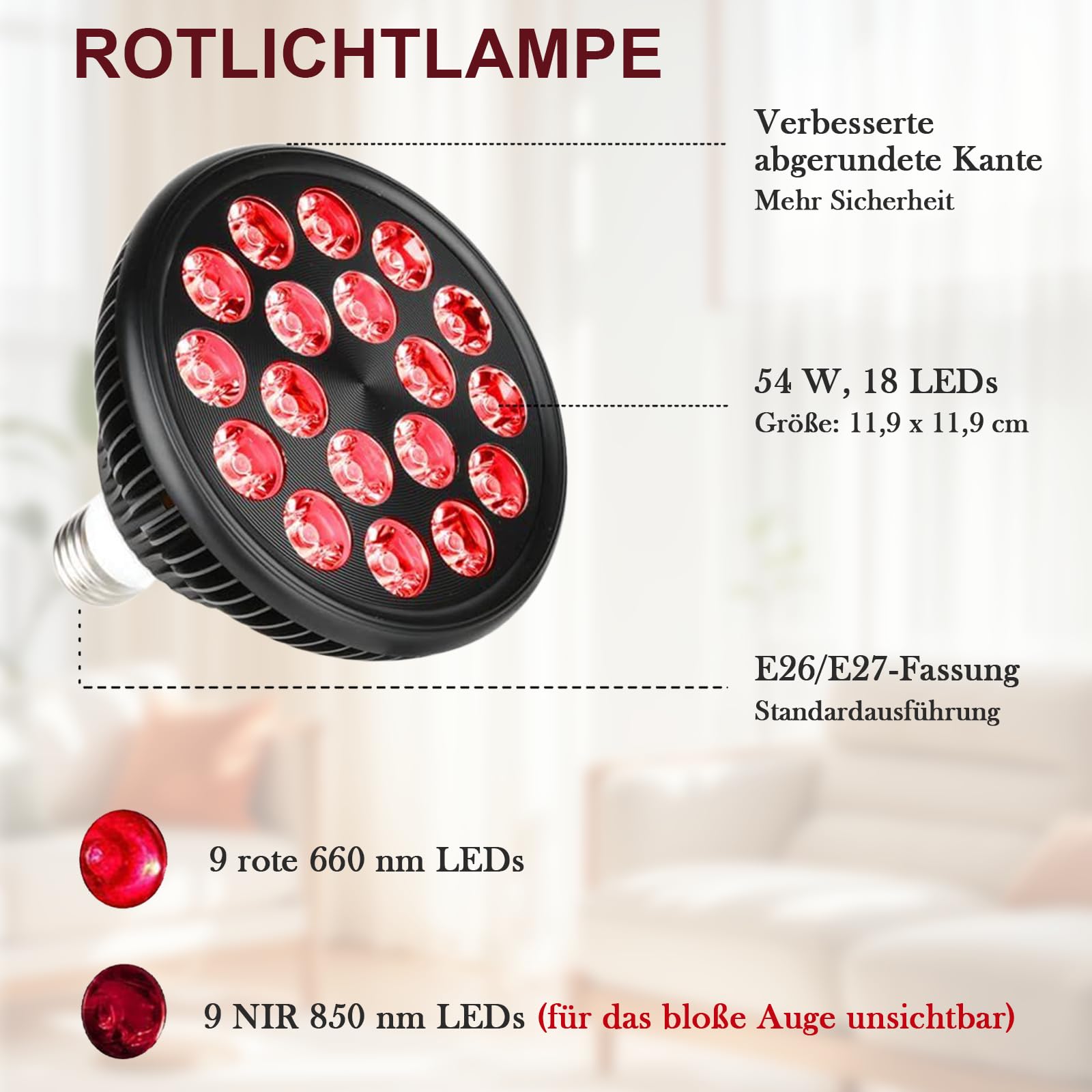 Lampada a luce rossa con base, 850 nm e 660 nm, lampada a infrarossi, 54 W, 18 LED, altamente scalabile, luce rossa, per uomini e donne, regalo di compleanno