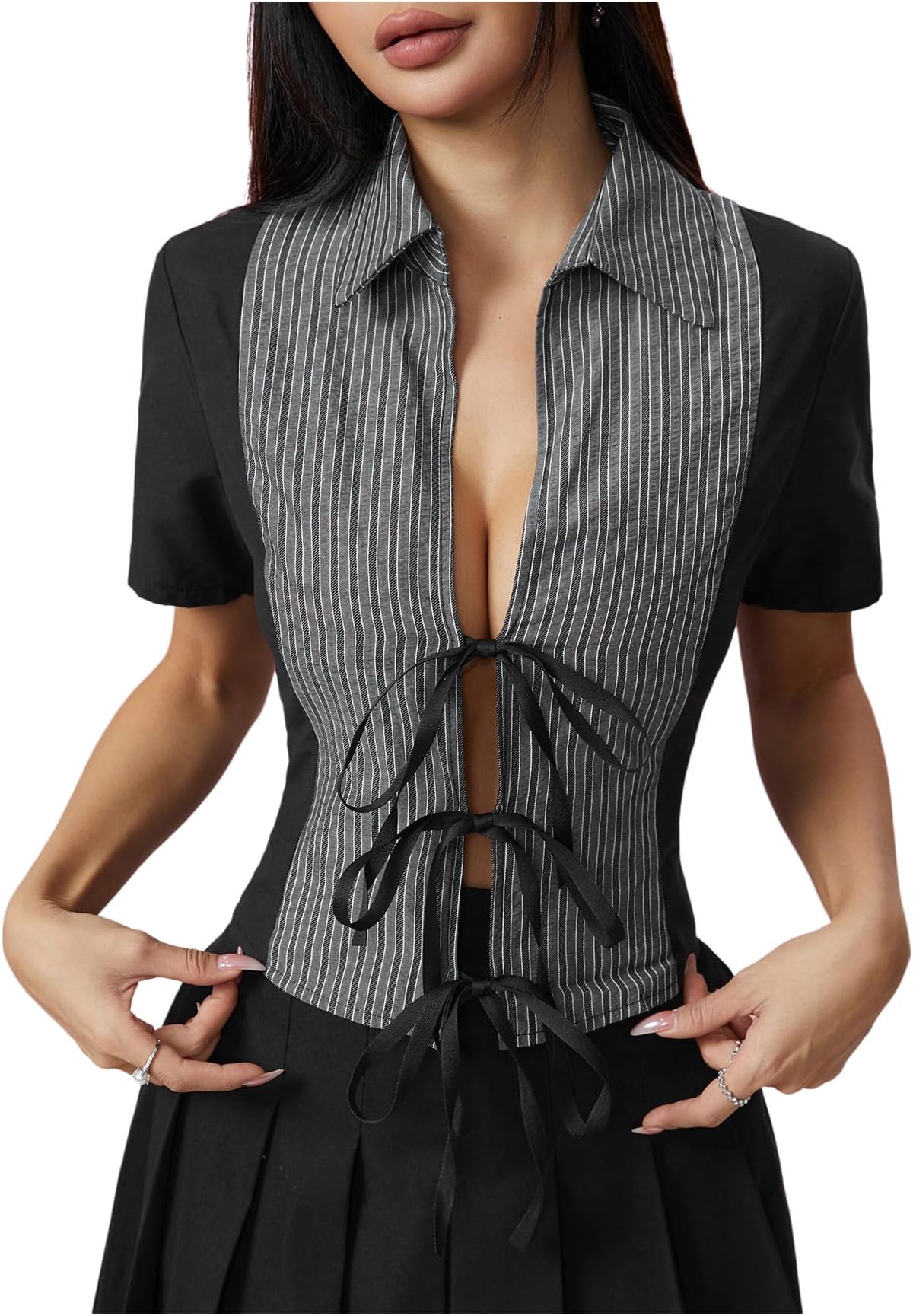 Women's Cute Tie Front Striped Patchwork Blouse Collared Short Sleeve Shirt Top