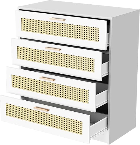 Miniatura 7 de Cozy Castle Cómoda bohemia de 4 cajones, cómoda de madera con asas de metal, cómoda moderna de ratán para dormitorio, color blanco