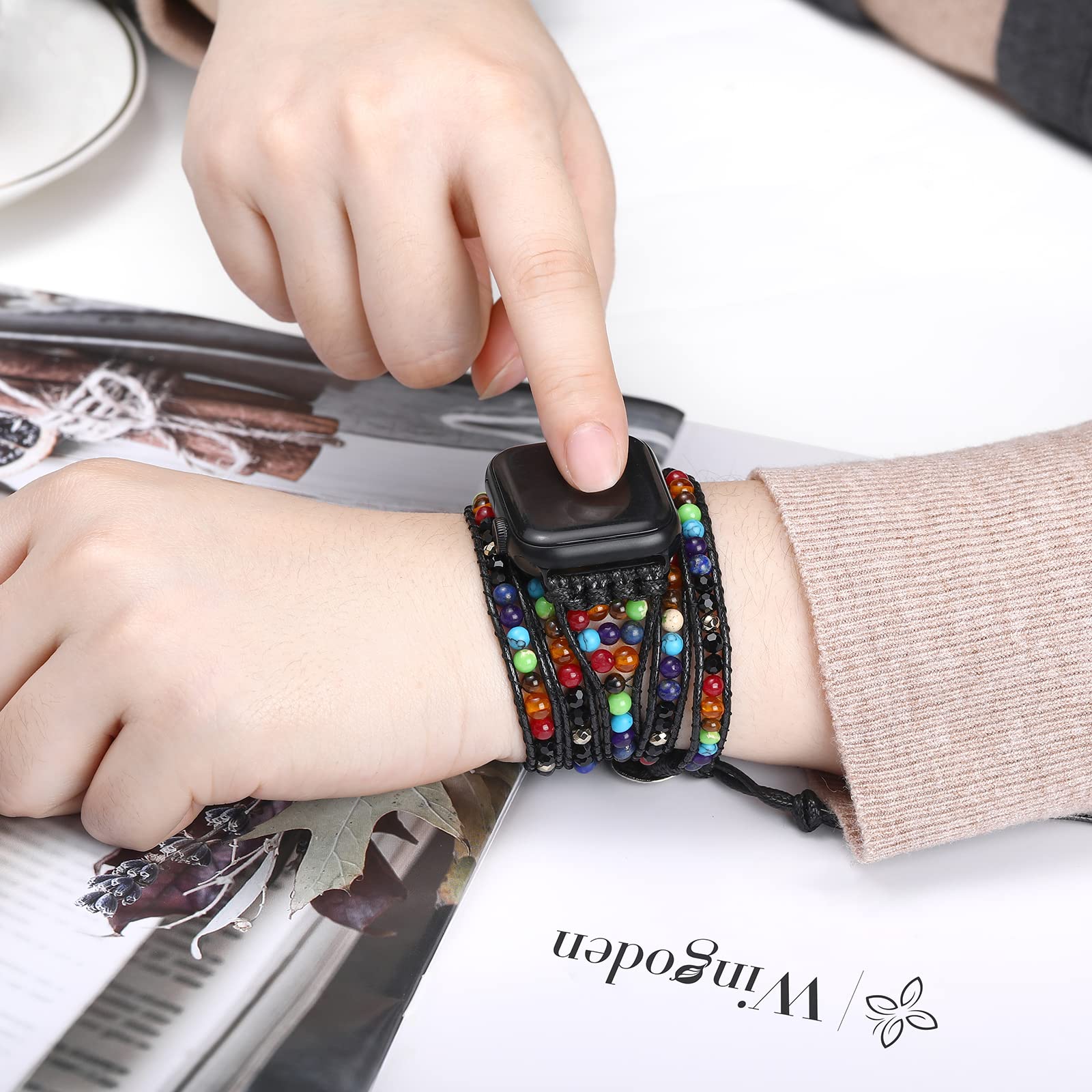 Pasek kompatybilny z Fitbit Versa 4, 3, Sense 2, Sense Band dla kobiet, skórzany pasek z koralikami naturalny kamień zawijany Boho Watch Band do Fitbit Versa 4 Band wymienny