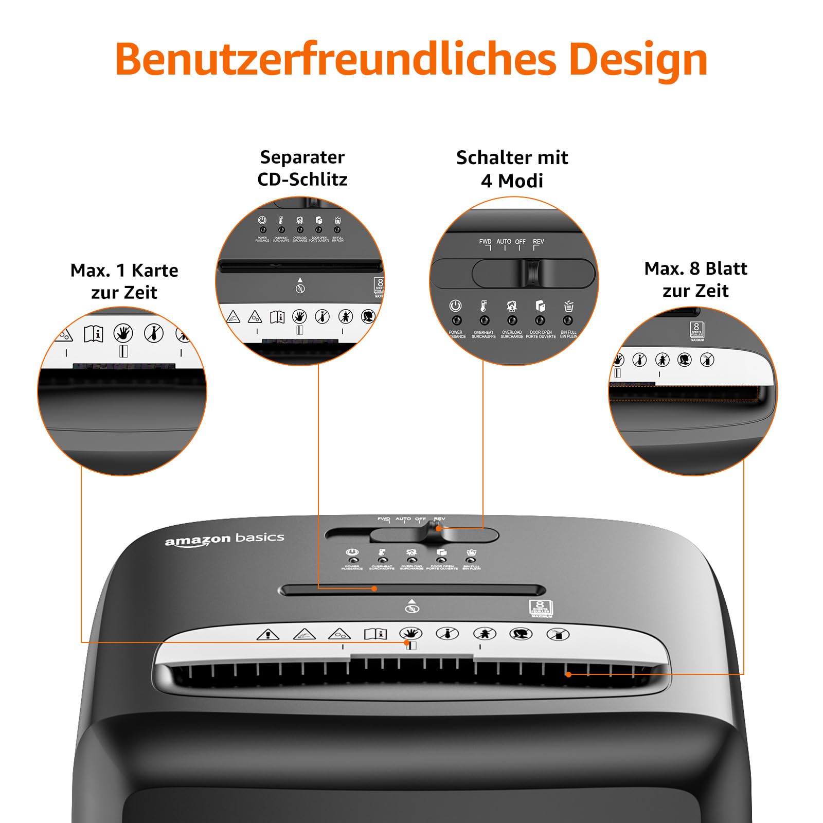 Amazon Basics Aktenvernichter mit Mikropartikelschnitt, 8 Blatt, mit Transparentem Sichtfenster, für Dokumente, CDs und Kreditkarten, 15l Auffangbehälter, Schwarz