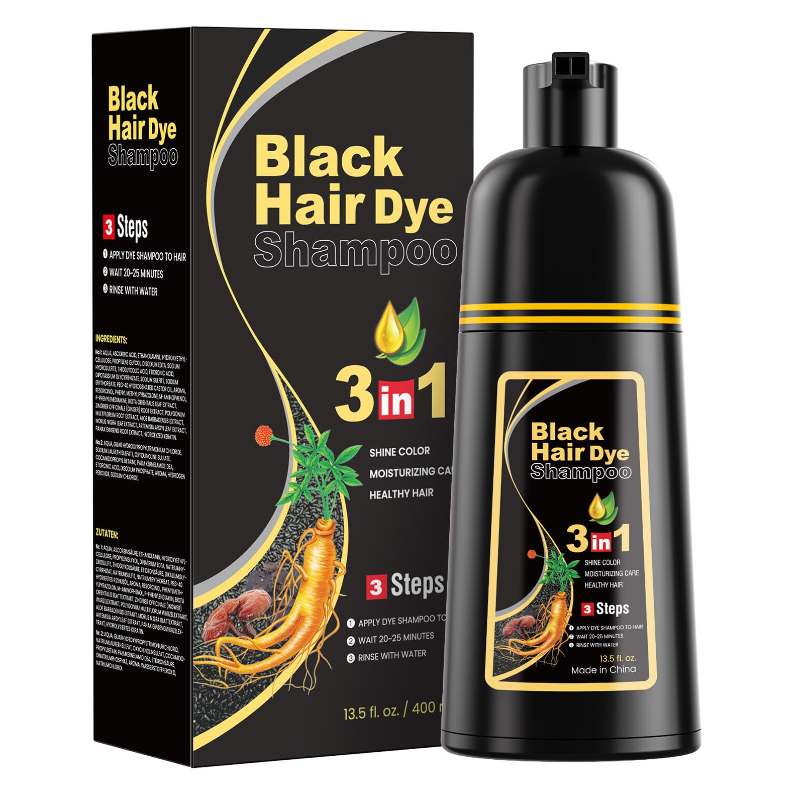 JUANCHI Schwarzes Haarfärbeshampoo für Graues Haar, Haarfärbeshampoo Schwarz 3 in 1, 400ml Schwarze Haarfarbe für Frauen Männer (13.5oz)