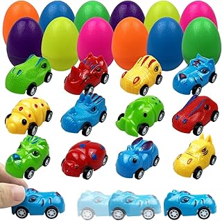 JoFAN 12 Pack Prefilled Plastic Easter Eggs with Dinosaur/Animal/Insect Pull Back Cars Toys Inside for Kids Boys Girls Toddlers Easter Basket Stuffers Gifts Party Favors