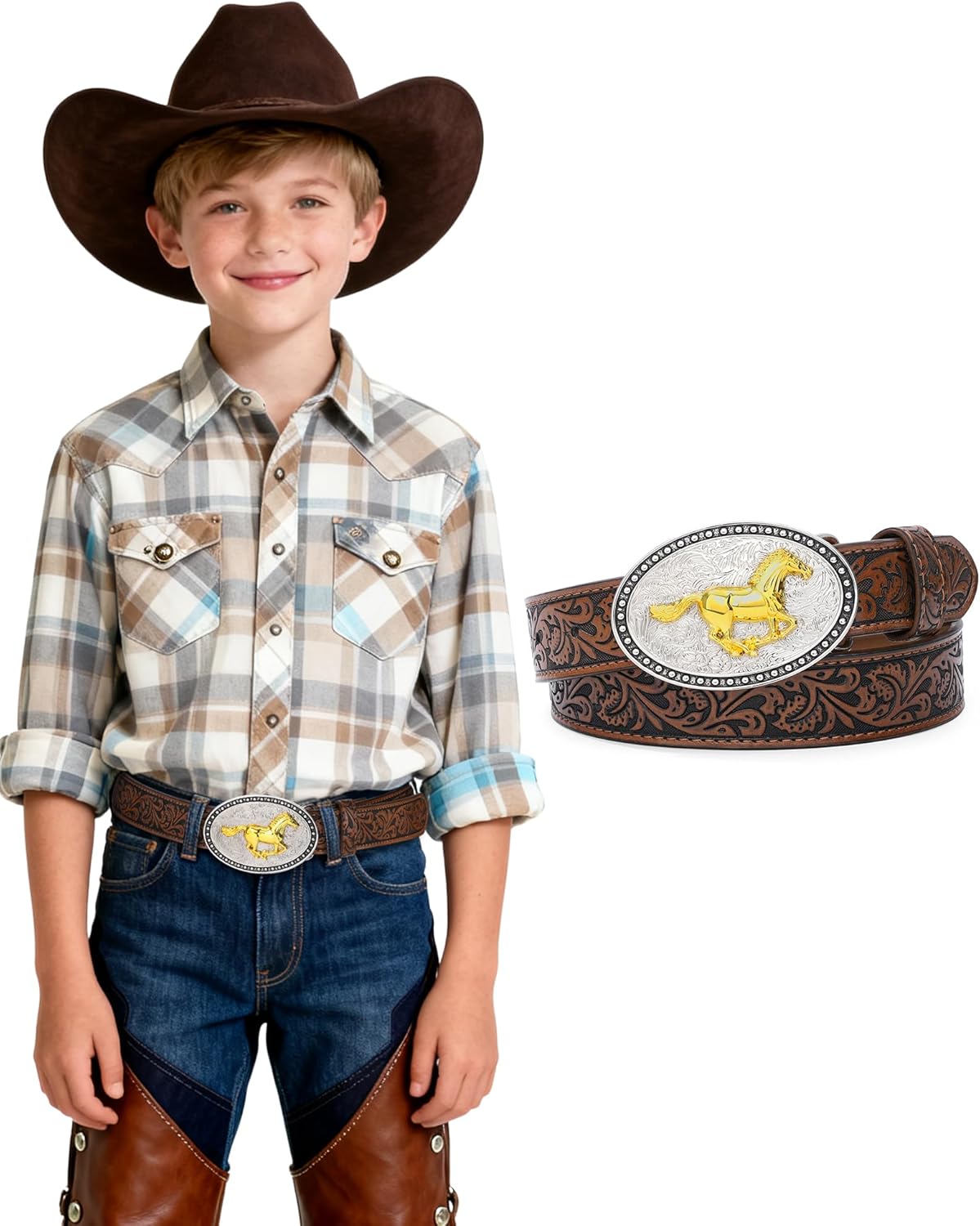 AWAYTR Kids Western Belt for Boys Girls - PU Leather Cowboy Belt Adjustable Toddler to Big Kid Sizes for Jeans