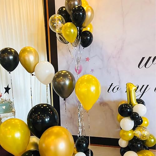 Miniatura 3 de Globos amarillos y negros, globos de látex de confeti amarillo y negro para decoraciones de fiestas, 12 pulgadas, paquete de 50