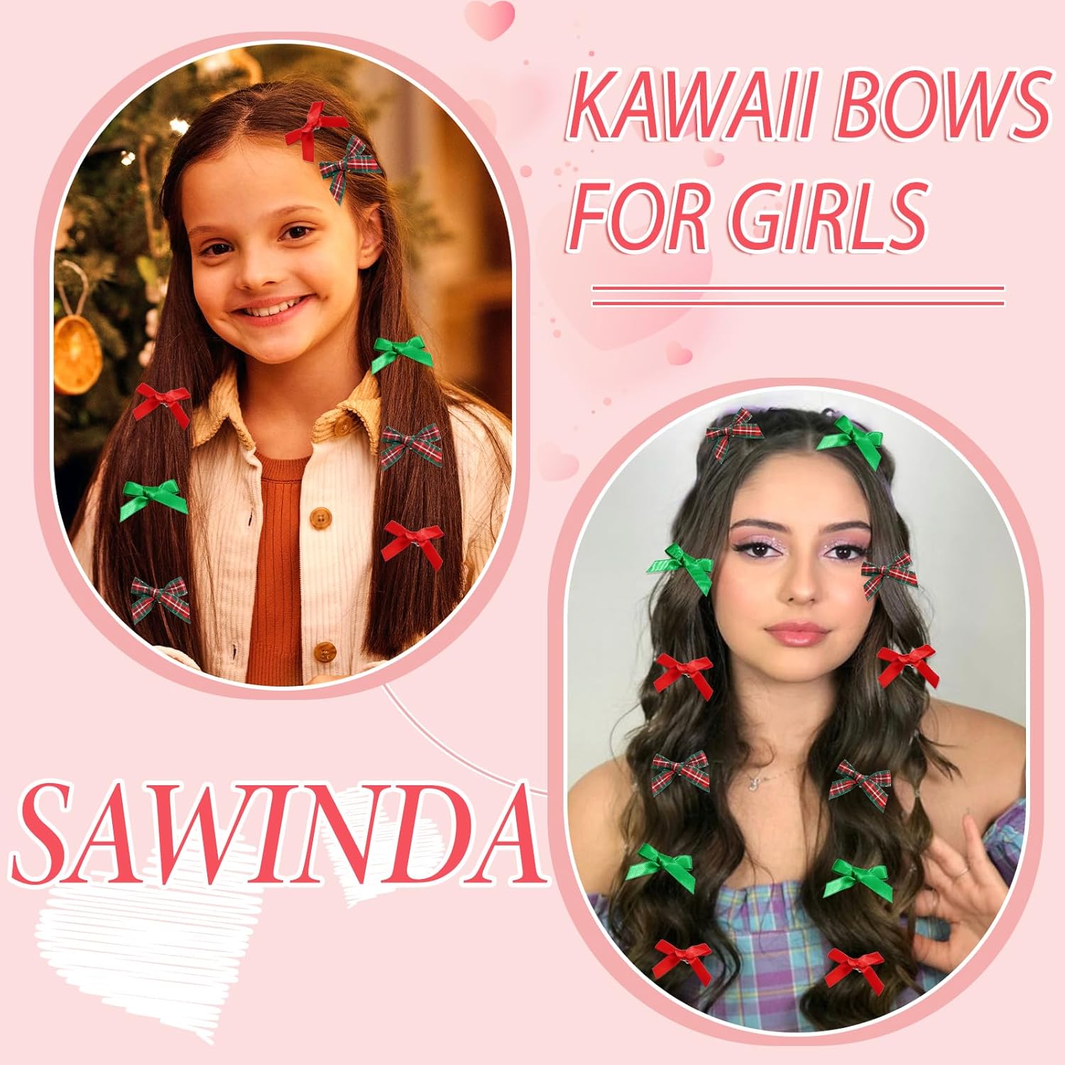 30PCS Christmas Mini Hair Bows for Girls Gingham Red Green Silk Satin Hair Bows for Women Cute Ribbon Bows Bowknot Hair Barrettes Alligator Hair Clips Accessories - Image 3