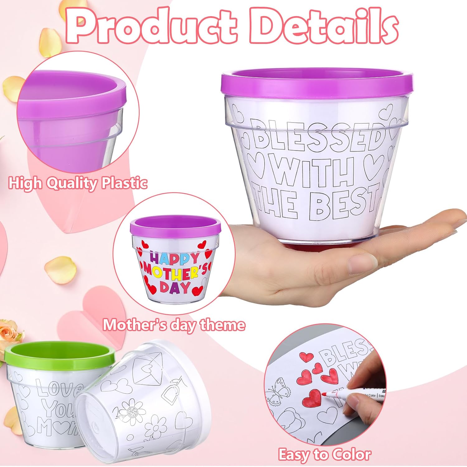 Meanplan 24 Pcs Mother's Day DIY Flower Pots, Color Your Own Mom Artist Flowerpots Bulk Mothers Garden Pot Crafts Kit for Home Mom Mother's Day Gifts Fun Activities