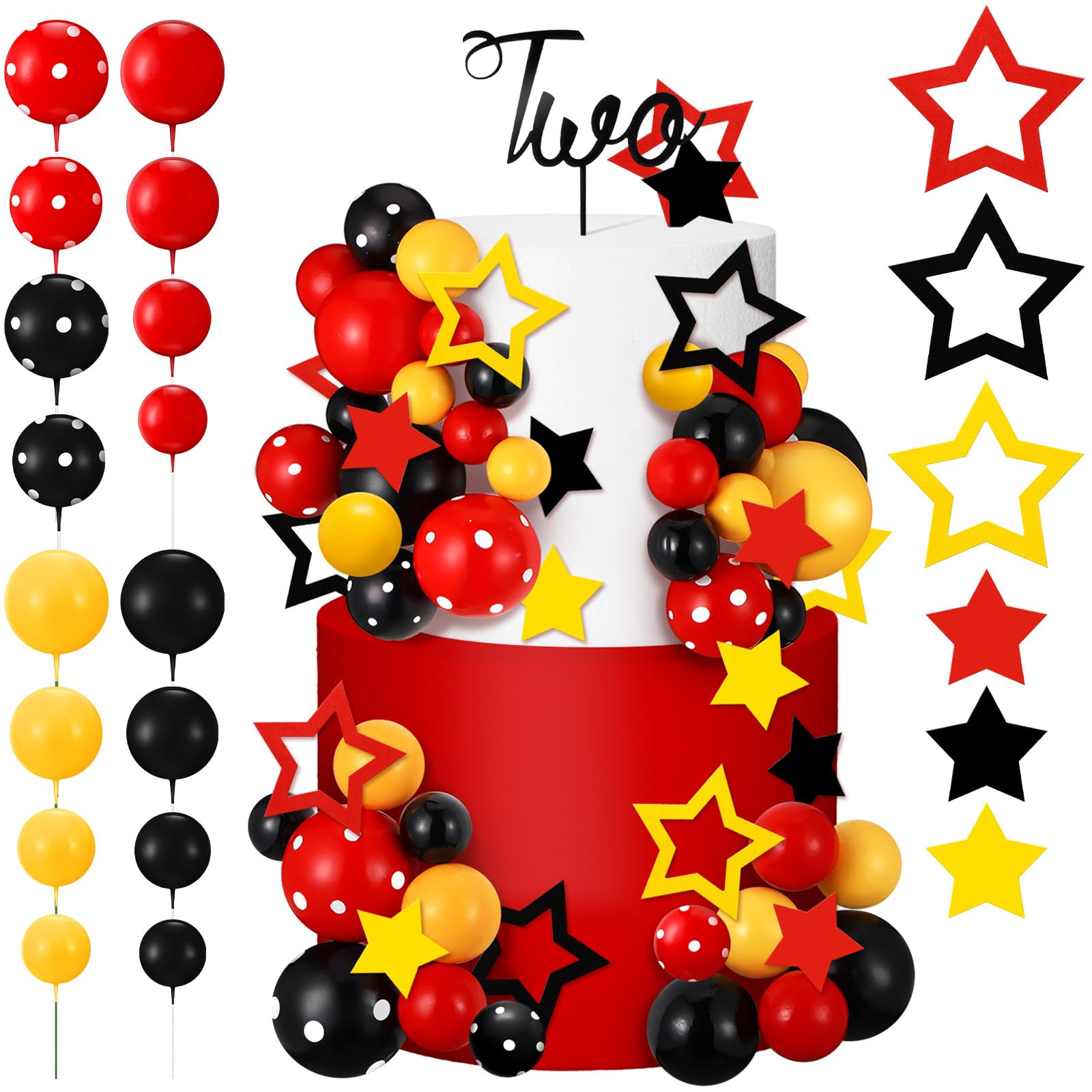 57 Pcs Mouse Cake Decor Black Red Yellow Cake Topper Set, Two Year
