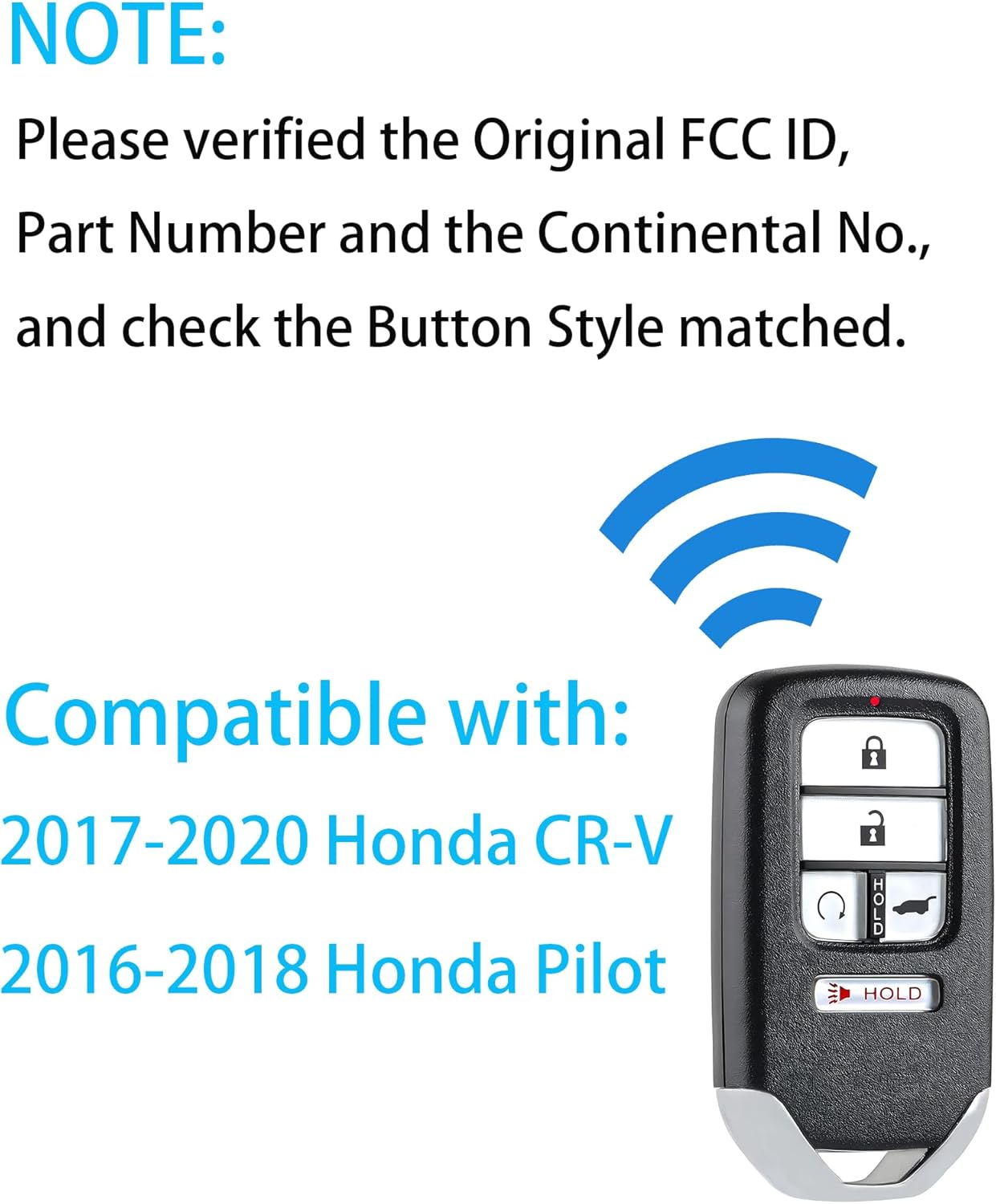 Smart Key Fob for Honda CR-V 2017-2022, Alliskeys Proximity Smart Remote Control Key Fob Replacement for Honda Civic Hatchback Pilot 2016-2019 KR5V2X 72147-TLA-A01 A2C98316900
