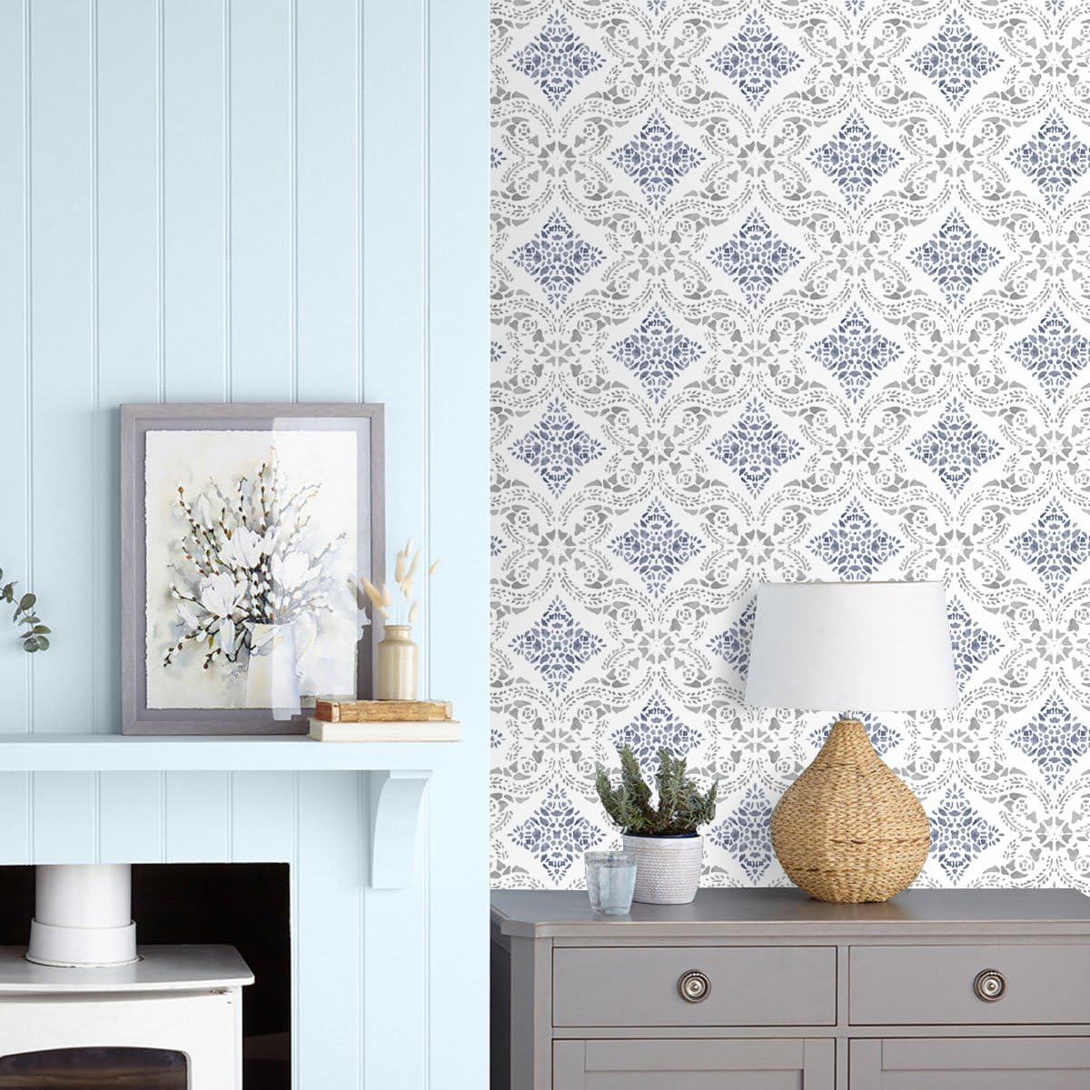 Boho Peel and Stick Wallpaper Blue Contact Paper 16.9inch x 393.7inch Blue Pattern Wallpaper Vintage Self-Adhesive Removable Decorative Contact Paper for Bedroom Cabinets Vinyl