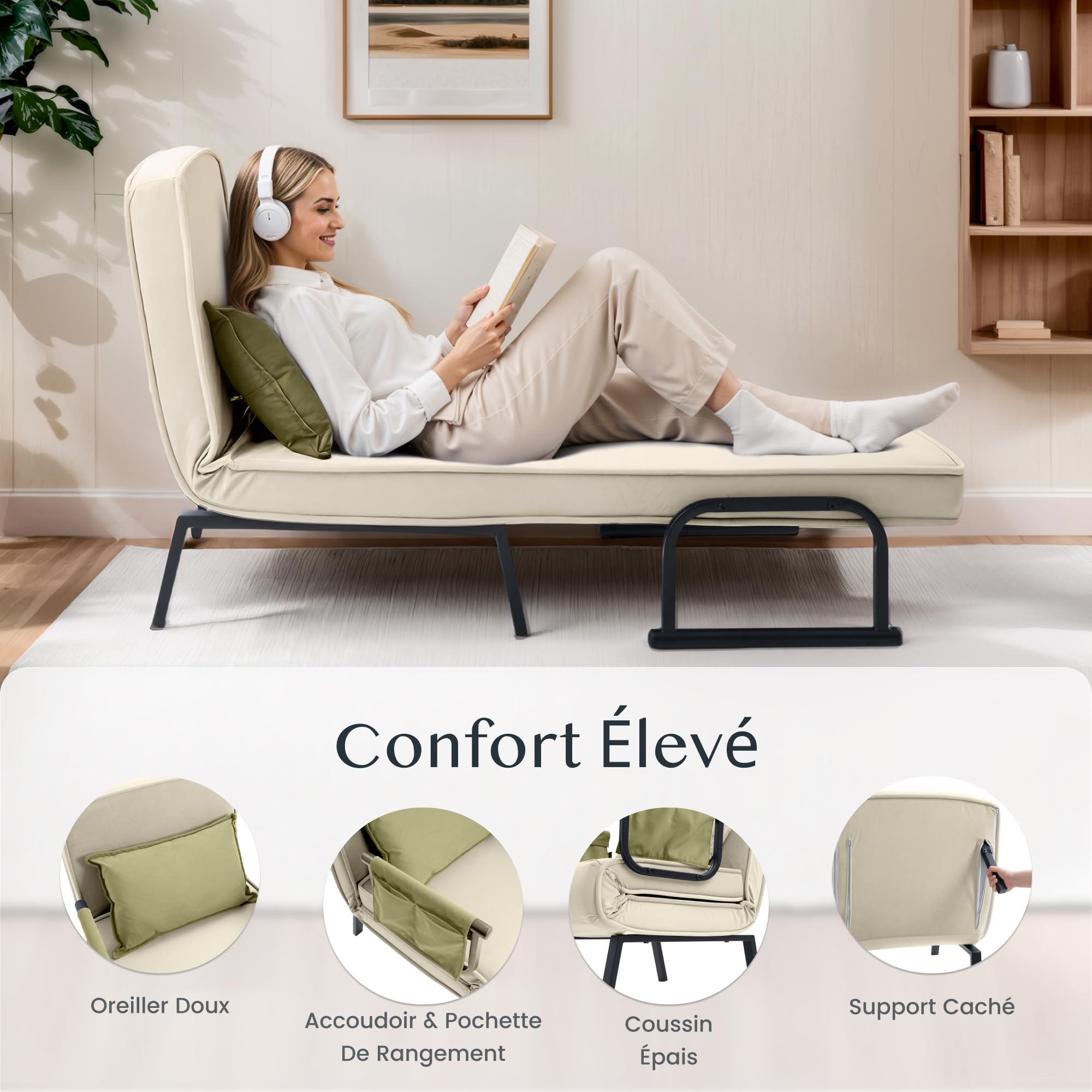 FLEXISPOT Fotel relaksacyjny, rozkładane łóżko, rozkładany fotel do spania z funkcją łóżka, leżak 3 w 1 (biały, 76 x 65 x 51 cm)